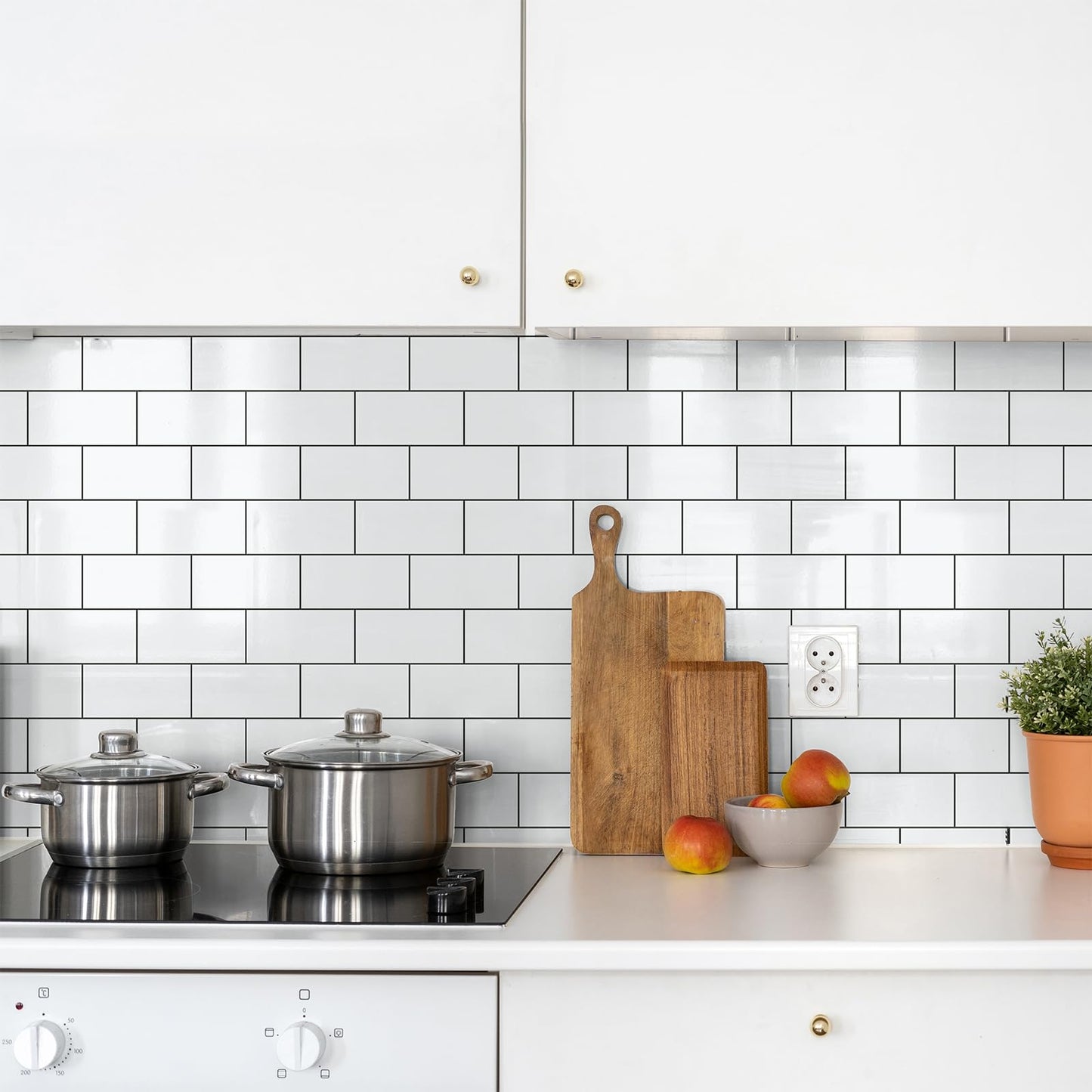 StyloVue Peel and Stick Backsplash Tile, 100-Piece 3" x 6" PVC Subway Tile, Glossy White Self Adhesive Wall Tiles with Dark Gray Grout for Kitchen, Bathroom, Fireplace, RV