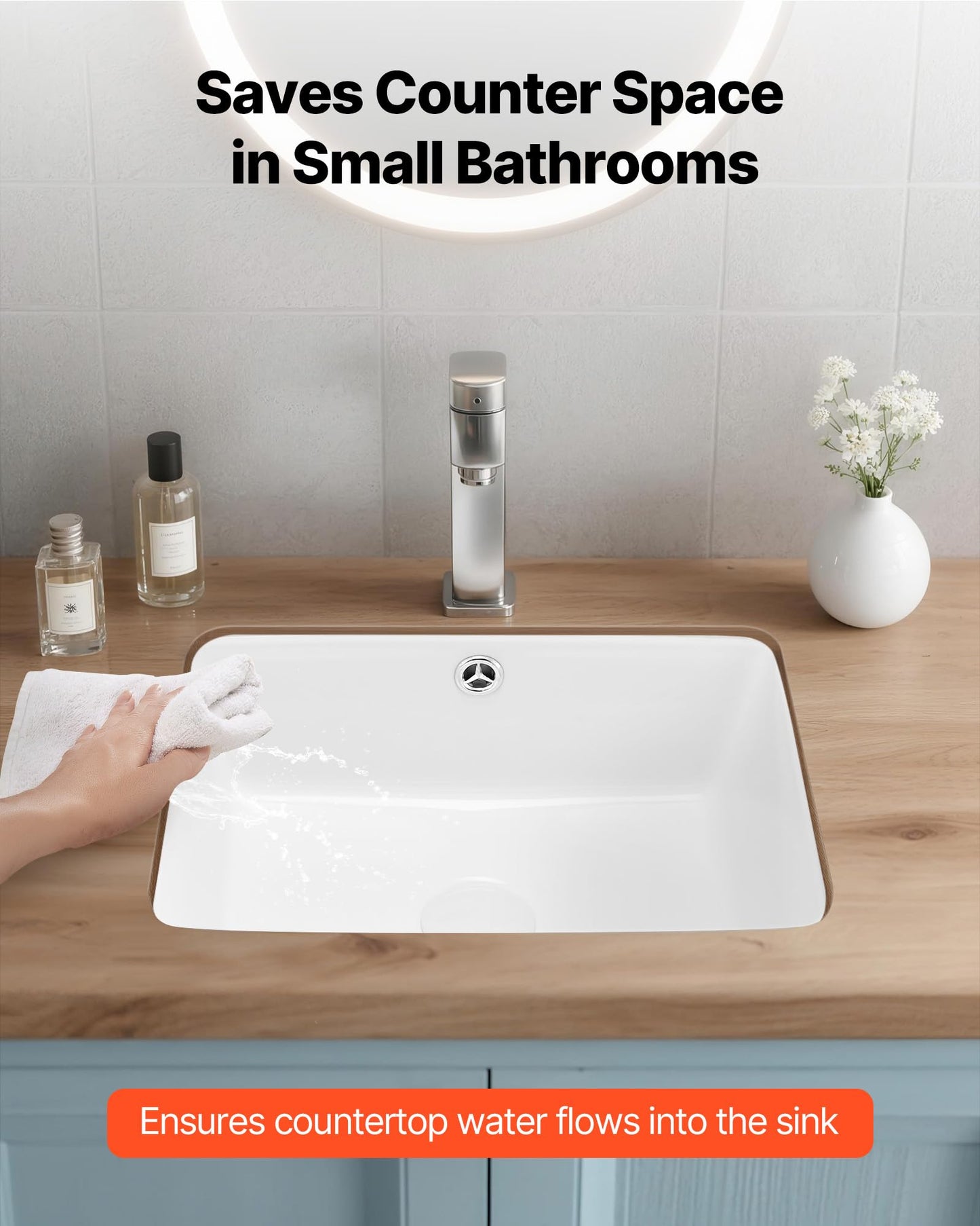 VEVOR Undermount Bathroom Sink, 15.75 x 12.01 Inch Rectangular White Ceramic Vessel Sink with Overflow Hole, Under Counter Drop in Modern Lavatory Vanity Bath Wash Bowl Basin, Rectangle Small Space