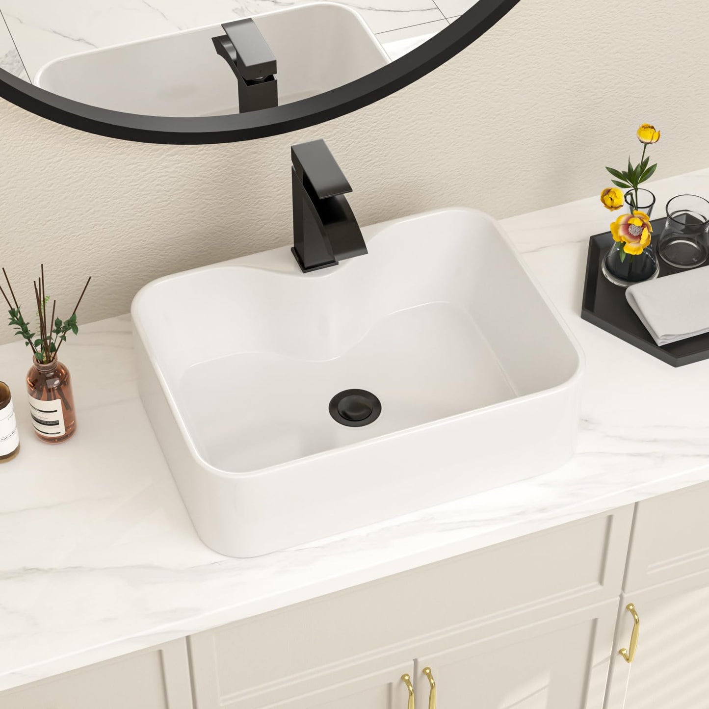 Lofeyo Bathroom Vessel Sink 19''x15'' with Black Faucet and Drain Combo, Rectangular White Ceramic Above Counter Vanity Sink for Modern Bathroom