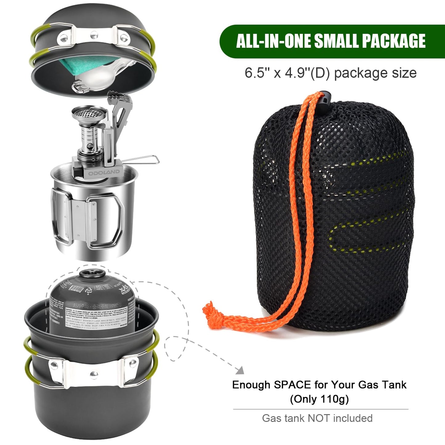 Odoland 8pcs Camping Cookware Mess Kit, Camping Pot and Pan Set with Mini Backpacking Stove, Stainless Steel Cup, Spork and Tank Bracket, Cooking Gear for Outdoor, Hiking, Picnic, Campfire, Green