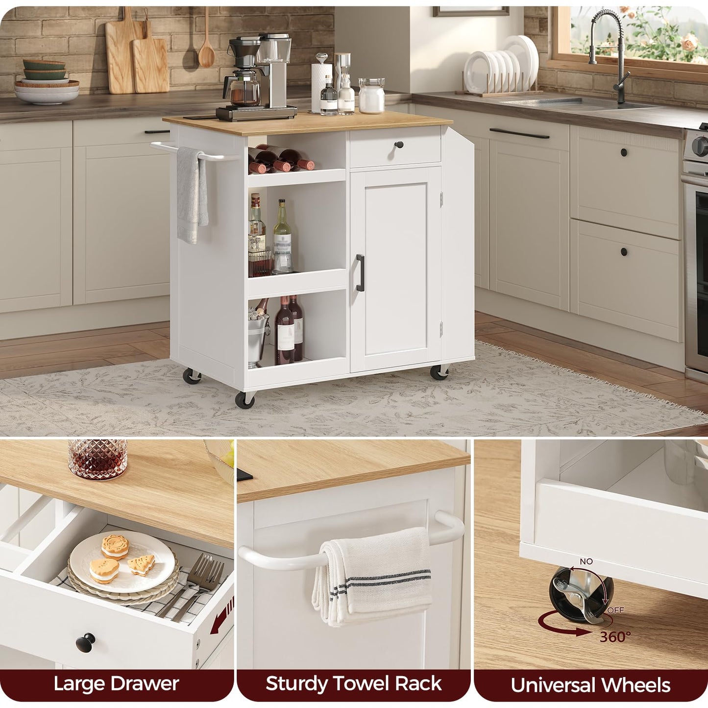MAHANCRIS Kitchen Island with Power Outlet, Kitchen Storage Island with Drawer, Rolling Kitchen Cart on Wheels, Spice Rack, Towel Rack, Wine Rack, for Dining Room, White and Natural KINW122E01N1