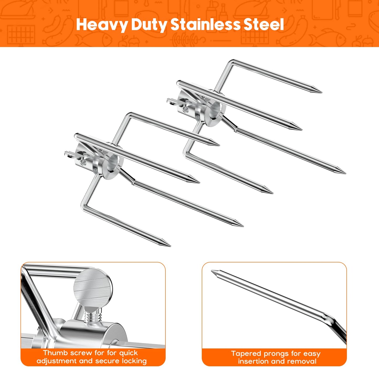 Skyflame Heavy Duty Stainless Steel Rotisserie Meat Forks - Fits 1/2-Inch and 3/8-Inch Hexagon & 3/8-Inch and 5/16-Inch Square Spit Rods