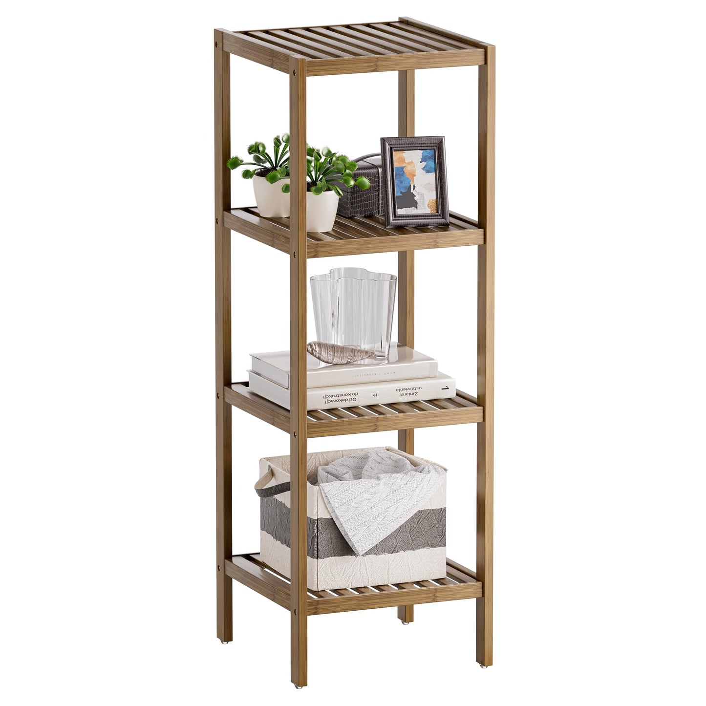 SMIBUY Bathroom Storage Shelf, 4-Tier Bamboo Rack Organizer, Multifunctional Shelving Unit for Living Room Bedroom Kitchen (Walnut)