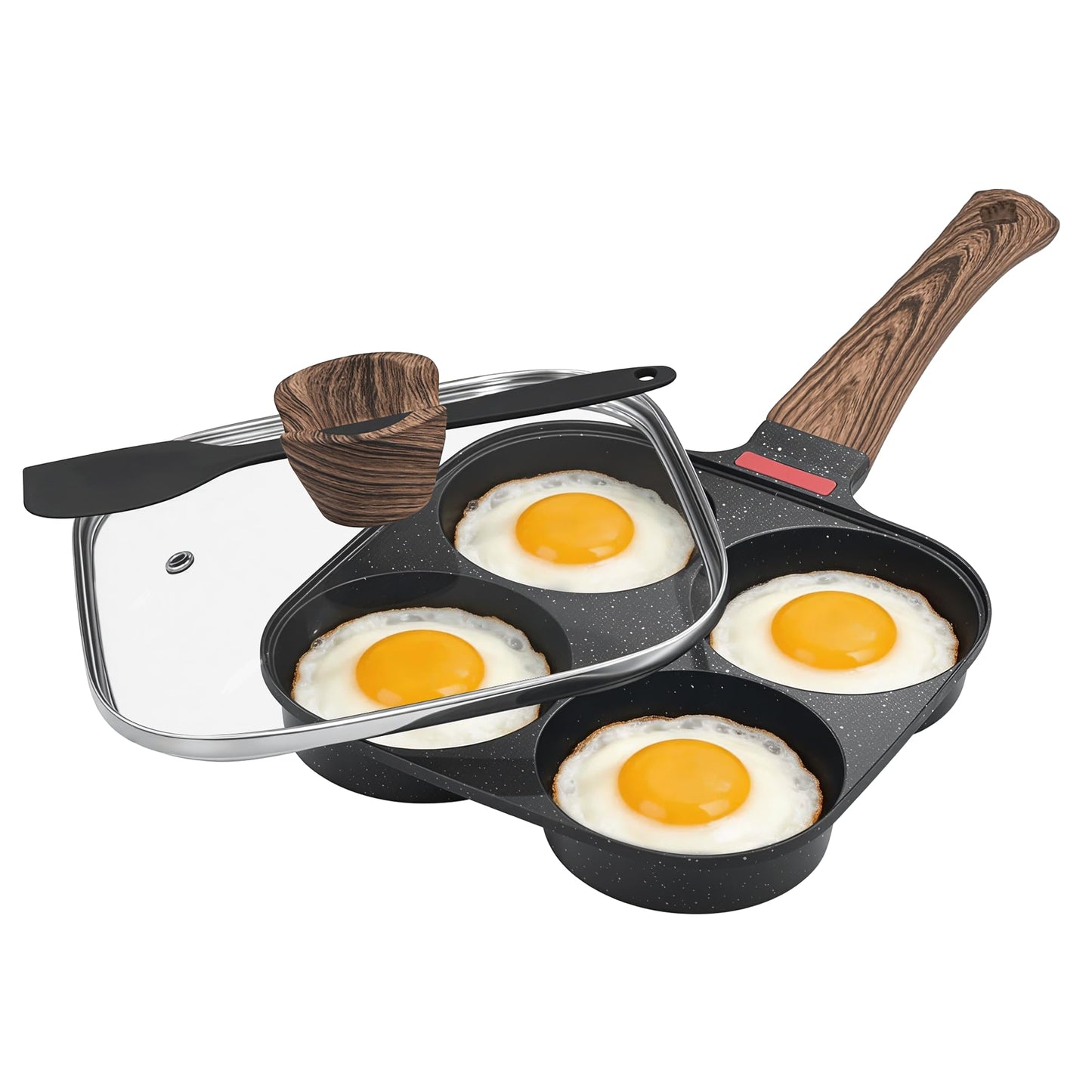 Corlekala Nonstick 4-Cup Egg Pan With Lid, Black Aluminum Non Stick Frying Pans, Bakelite Handle, Healthy Egg Frying Pan For Pancake, Burger, Sandwiches,Suitable For Gas Stove & Induction Cooktop