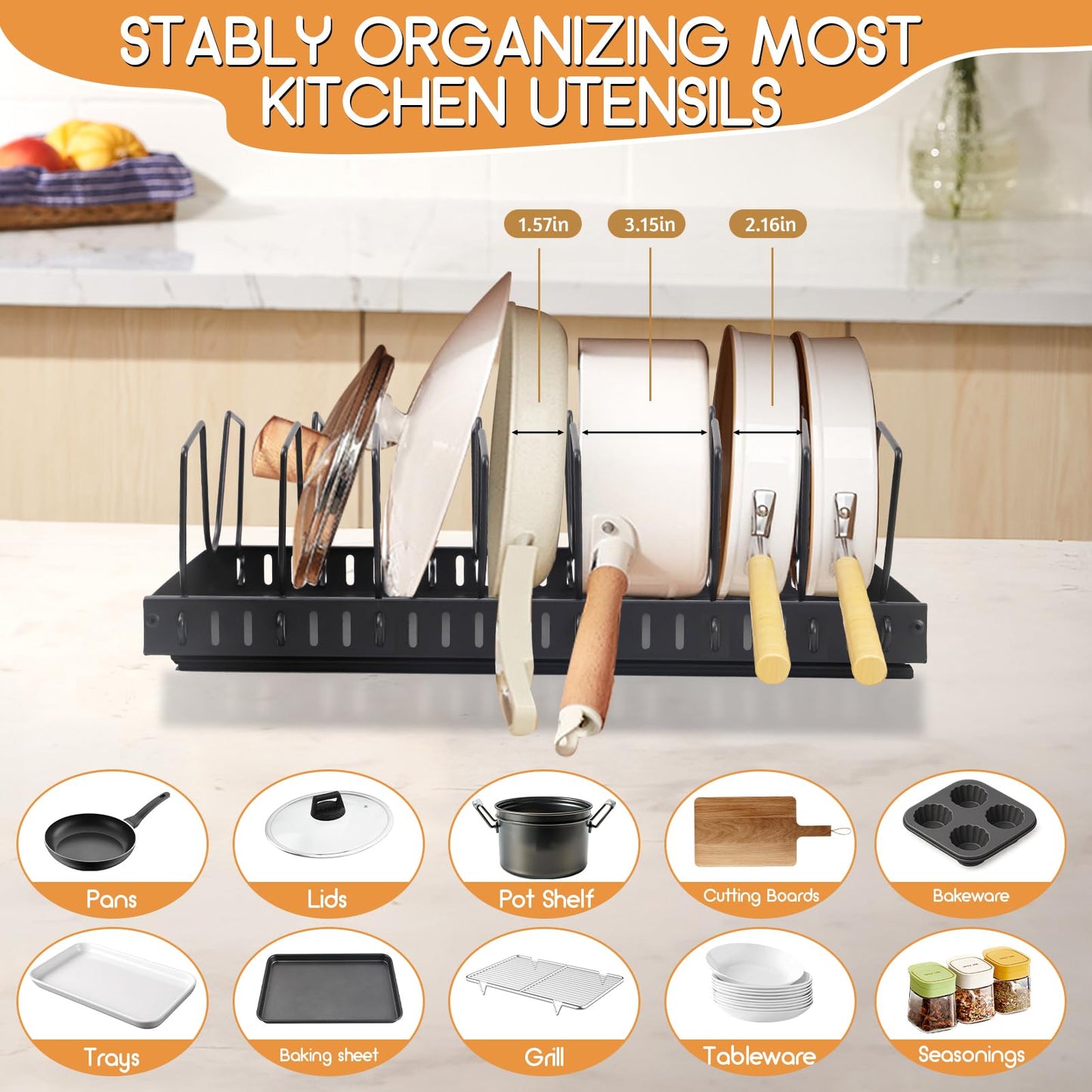 XIAPIA 2 Pack Pull Out Pots and Pans Organizer Under Kitchen Cabinet, Pot Lid Organizers, Slide Out Cookware Storage Rack with 8 Adjustable Dividers, Pull Out Shelves for Dishware Seasoning, Black