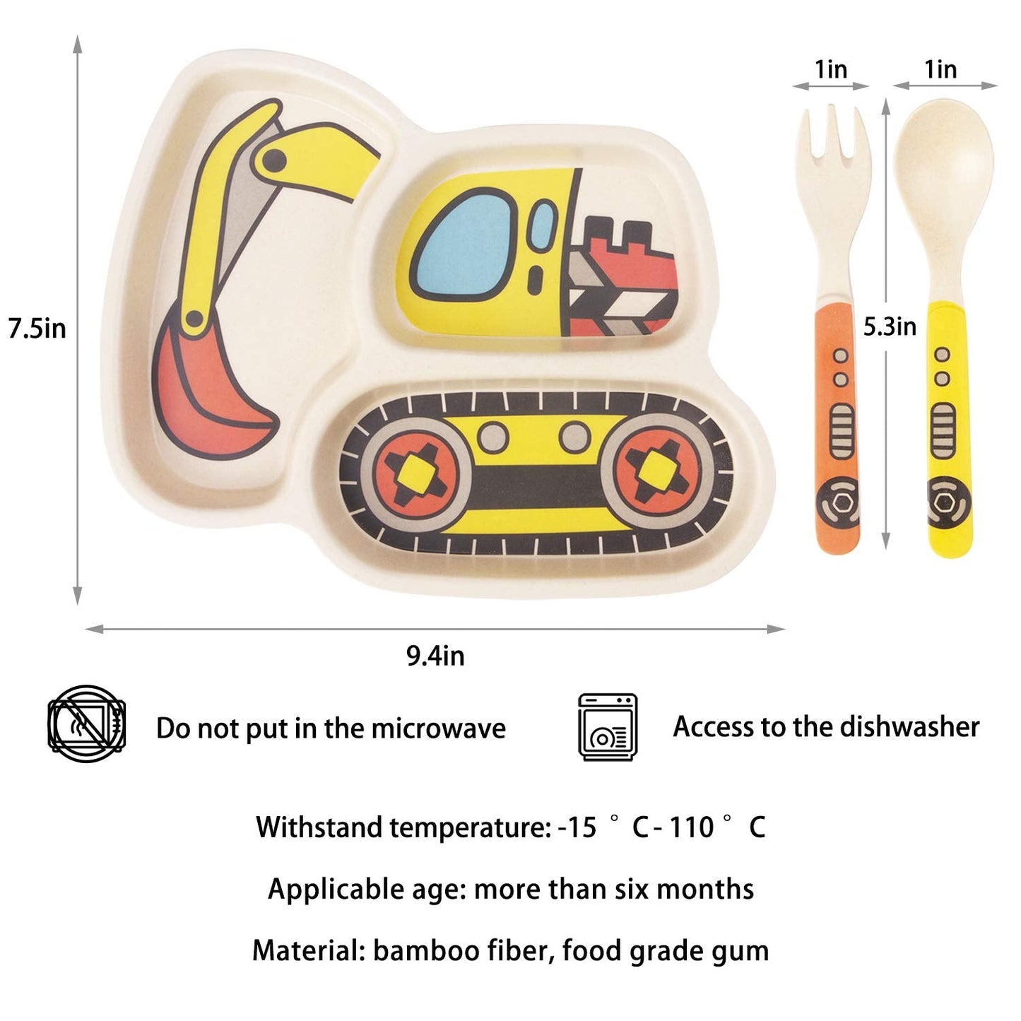 Kid Plate Set Bamboo Toddler Plates Dinnerware Dinner Dish Set Baby Feeding Spill Proof Divided Plate - Baby Spoon and fork 3-Piece Set for Kids and Toddlers (excavator/crane)