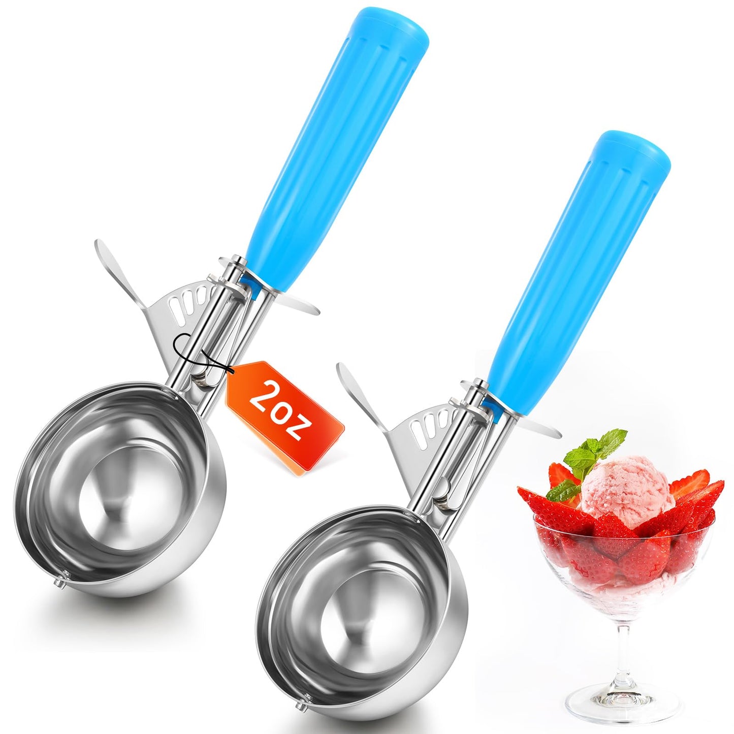 Reallnaive 2 Pcs Release Cookie Scoops Ice Cream Scooper with Trigger Release Portion Scoop Stainless Steel for Portion Control, Baking Food, Cookie Dough (2 oz,Blue)