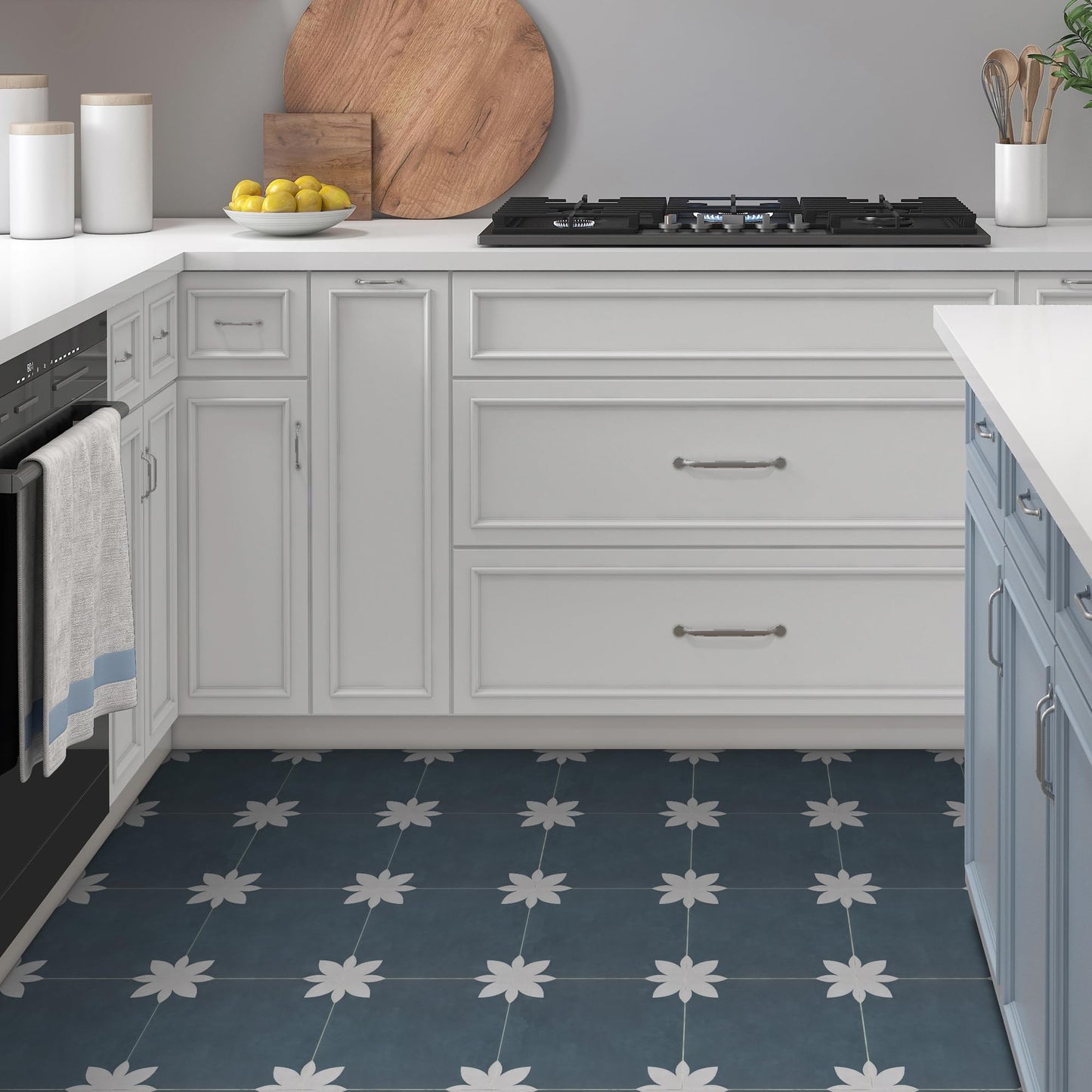 INNO STCIEKRS 16-Sheet Peel and Stick Floor and Wall Tile for Bathroom Kitchen, 9" x 9" Blue Flower SPC Self-Adhesive Vinyl Flooring Patterned Groutable Backsplash Tile, Covers 9.12 Sq Ft.