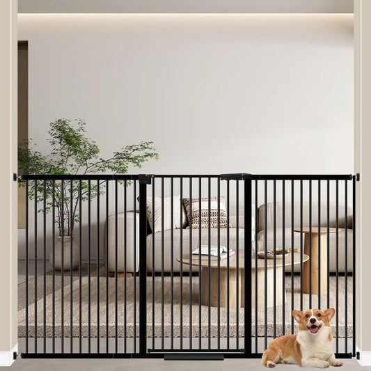 WAOWAO 40.55" Extra Tall 1.37" Ultra Narrow Spacing 69.49-77.36" Extra Wide Dogs Pets Baby Gate Safety Indoor Puppy Pressure Mounted Gate No Drill Black Metal for Stairs,Doorways,Kitchen,Hallway