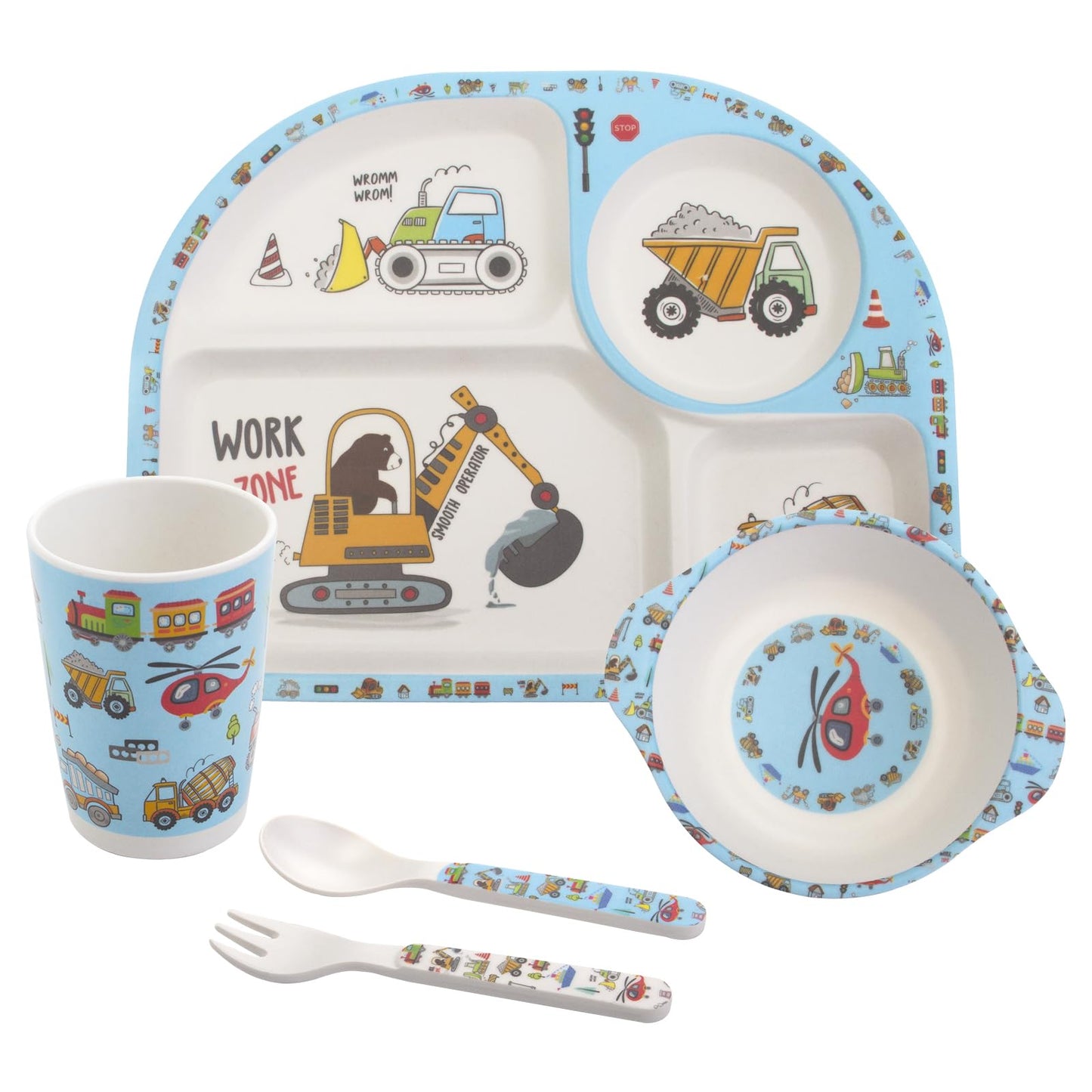 Kids Feeding Set 5 Pcs, Tableware Set for Toddlers Includes Plate Bowl Cup Fork and Spoon Utensil Flatware, Kids Flatware Set Dishwasher Safe, BPA Free (Construction)
