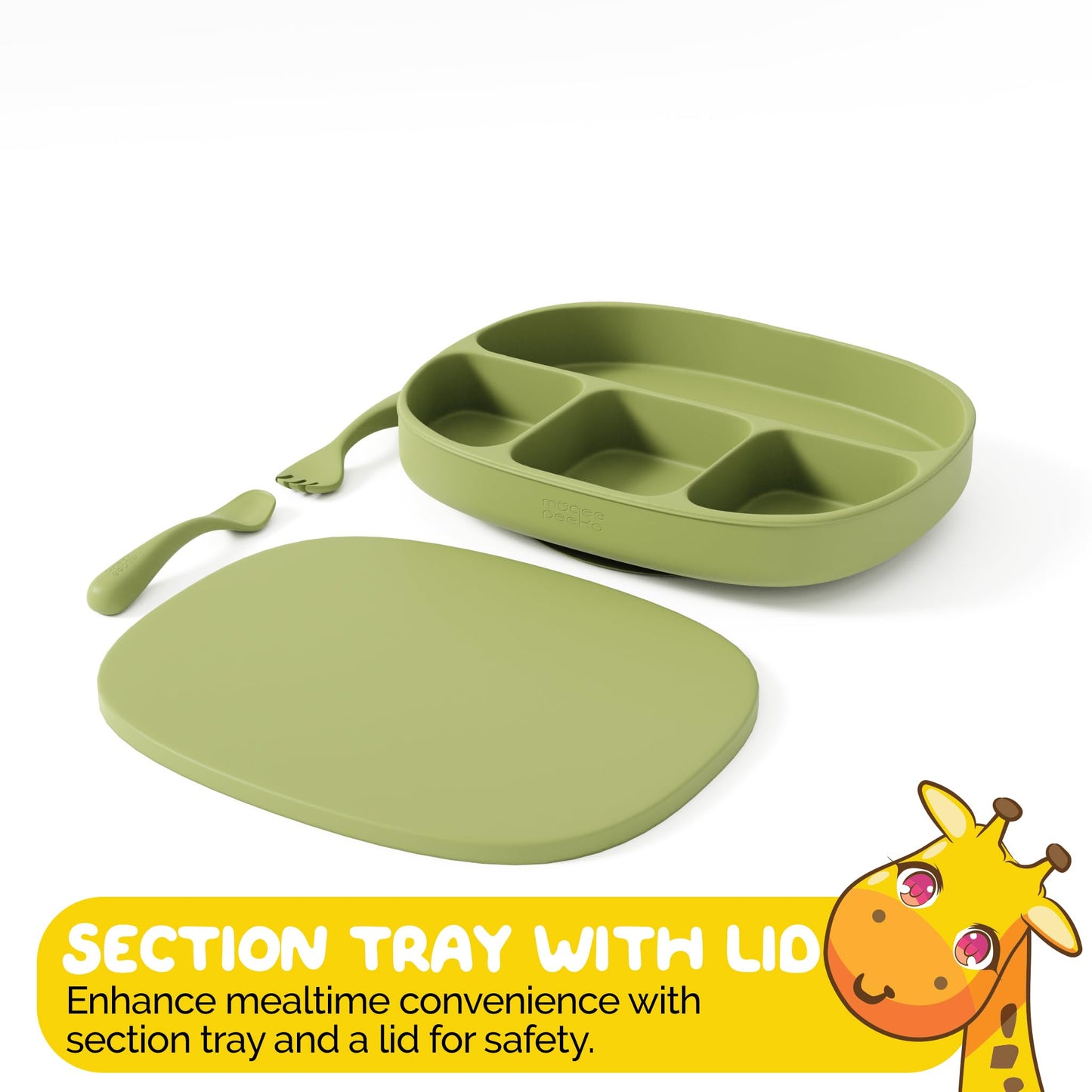 Muqee Peeko Toddler Necessities Baby Feeding Essentials Set for Baby in Green Color with Baby plates with Suction and Silicone Utensil Set - (3 Pieces)