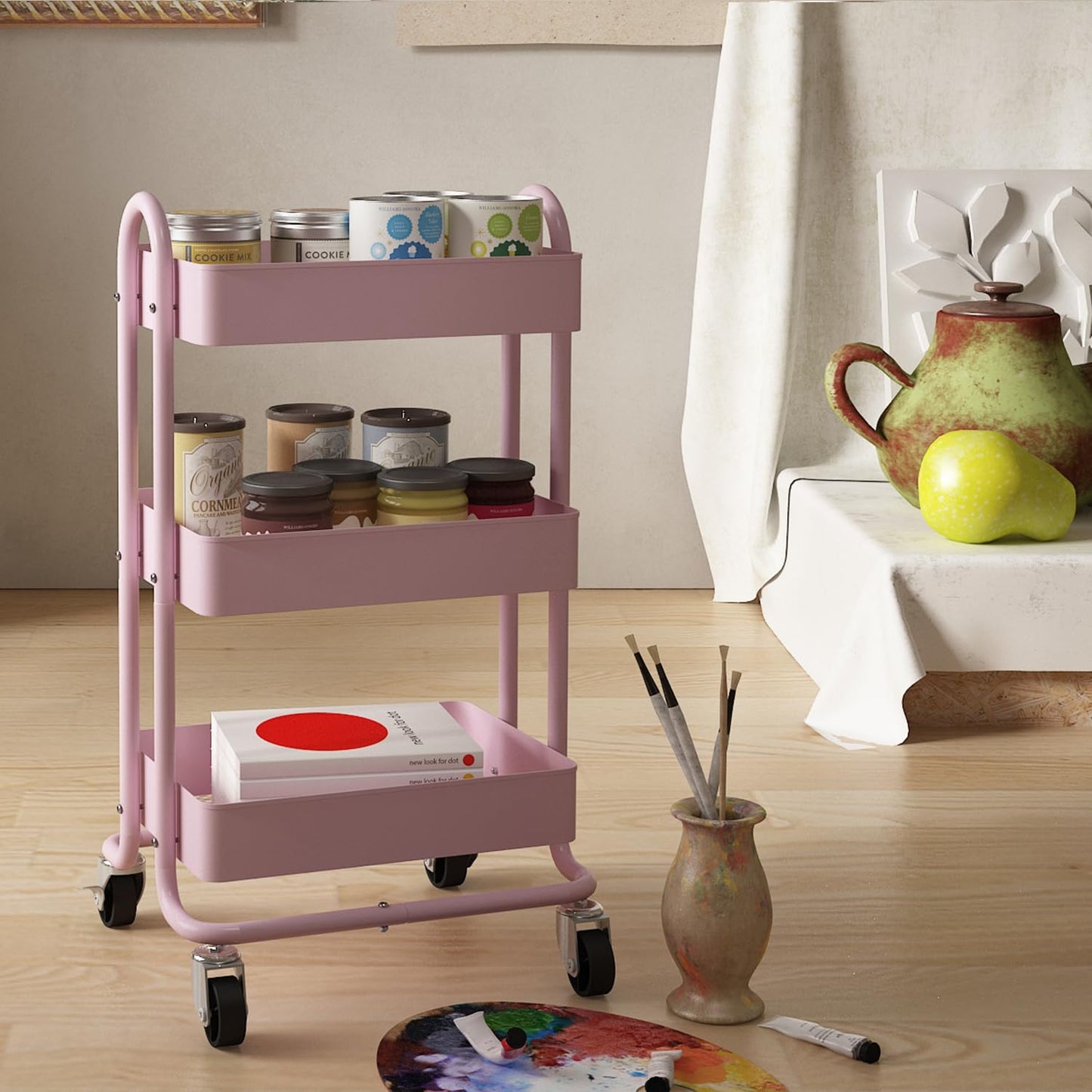 Elitehouse Metal Rolling Cart,3-Tier Pink Rolling Cart with Wheels,Metal Utility Cart with Wheels for Office,Home,Kitchen,Garden（13.4"x18.1"x31"） Pink