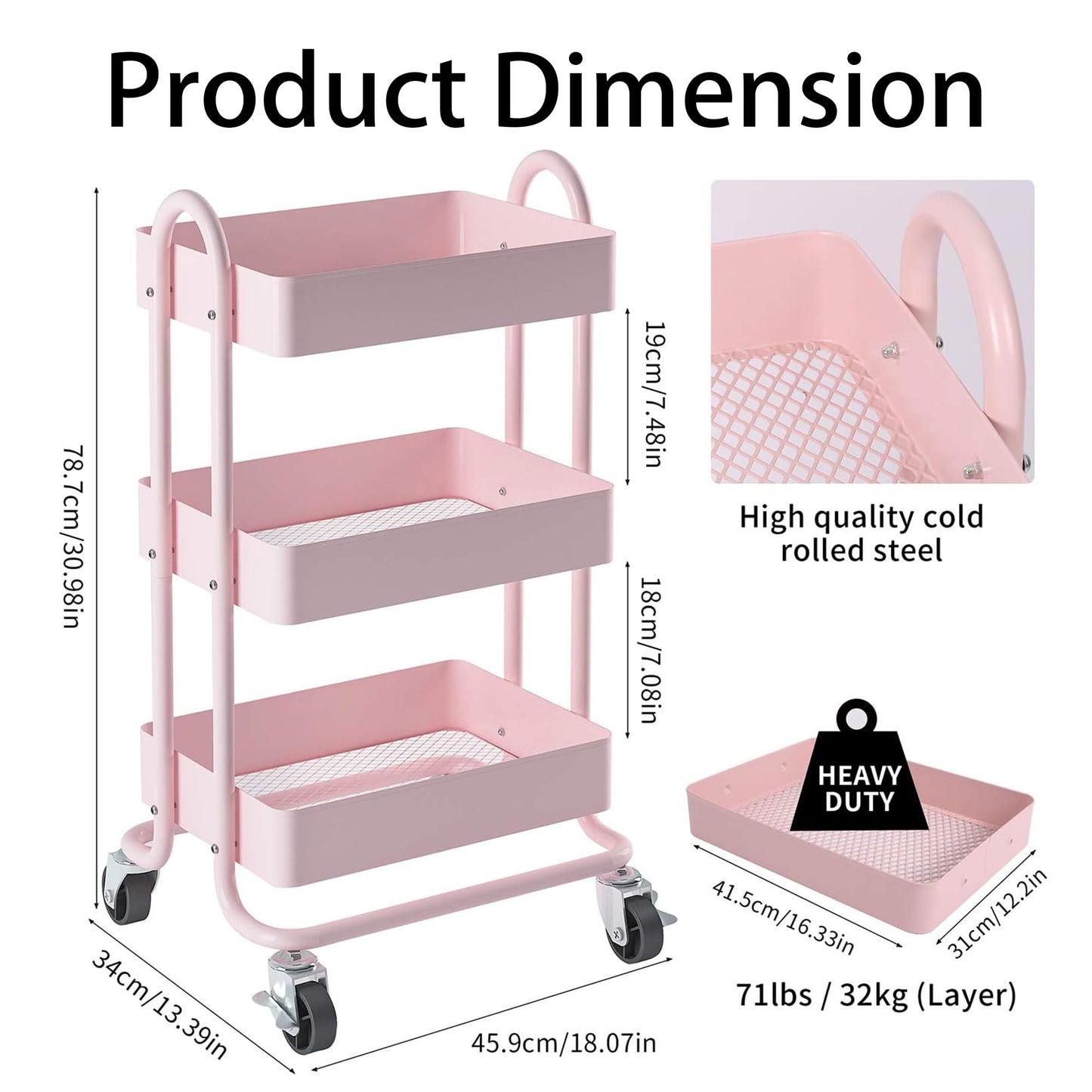 Elitehouse Metal Rolling Cart,3-Tier Pink Rolling Cart with Wheels,Metal Utility Cart with Wheels for Office,Home,Kitchen,Garden（13.4"x18.1"x31"） Pink