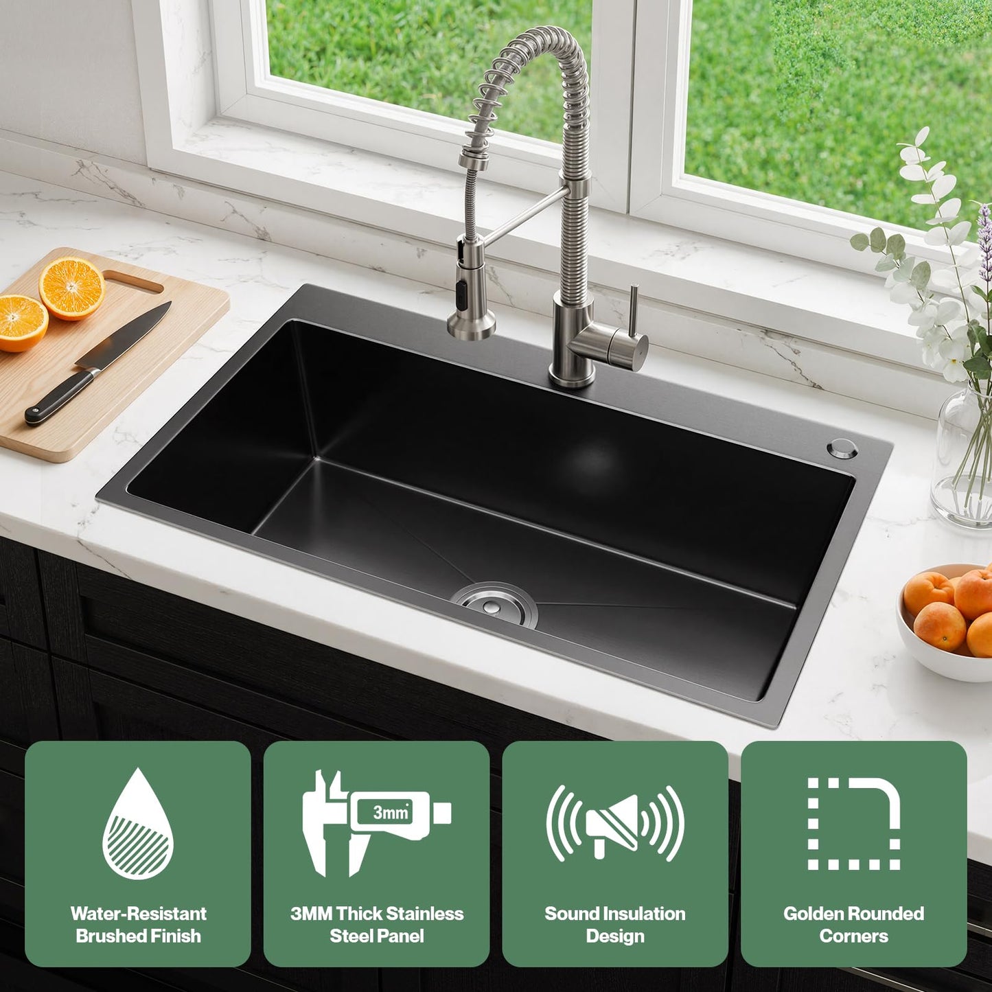 Vivrhintty 33" x 22" Drop-In Kitchen Sink, 9" Deep Single Bowl Topmount with Nano Coating, Stainless Steel for Kitchen & Laundry Room, Includes Accessories