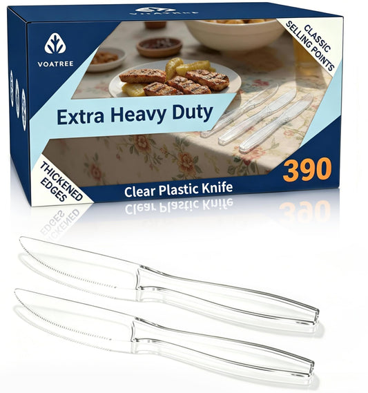 Voatree 390 Count Heavy Duty Clear Plastic Knives,Premium Disposable Knives Bulk,BPA-Free,Heat Resistant,Solid and Durable Clear Knives for Everyday Use,Party Supply,Wedding