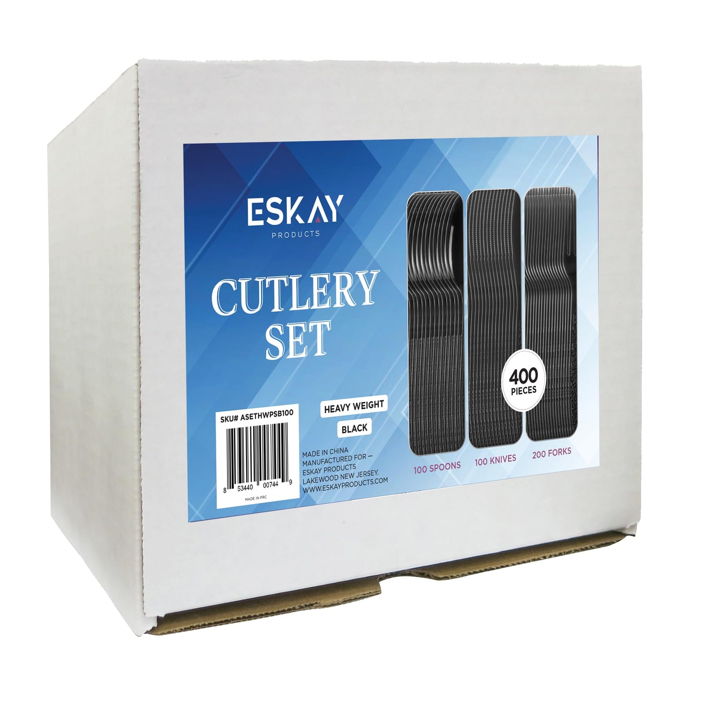 Heavy Weight Plastic Silverware Set - 200 Forks, 100 Knives, 100 Spoons - Disposable Cutlery Combo (Black)