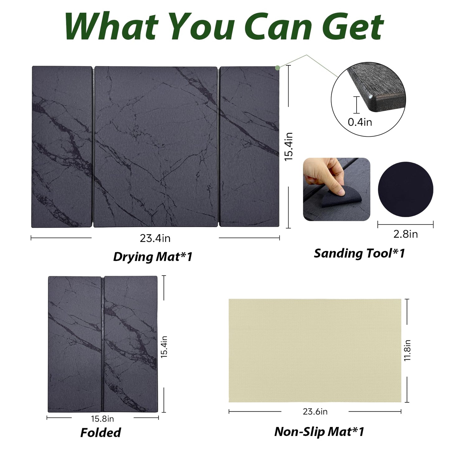 Large Stone Drying Mat for Kitchen Counter, 24"x16" Collapsible Quick Dry Dish Drying Mat, Water-Absorbent Marble Diatomaceous Earth Mats for Bottles Cups Dishes, Match Any Countertop