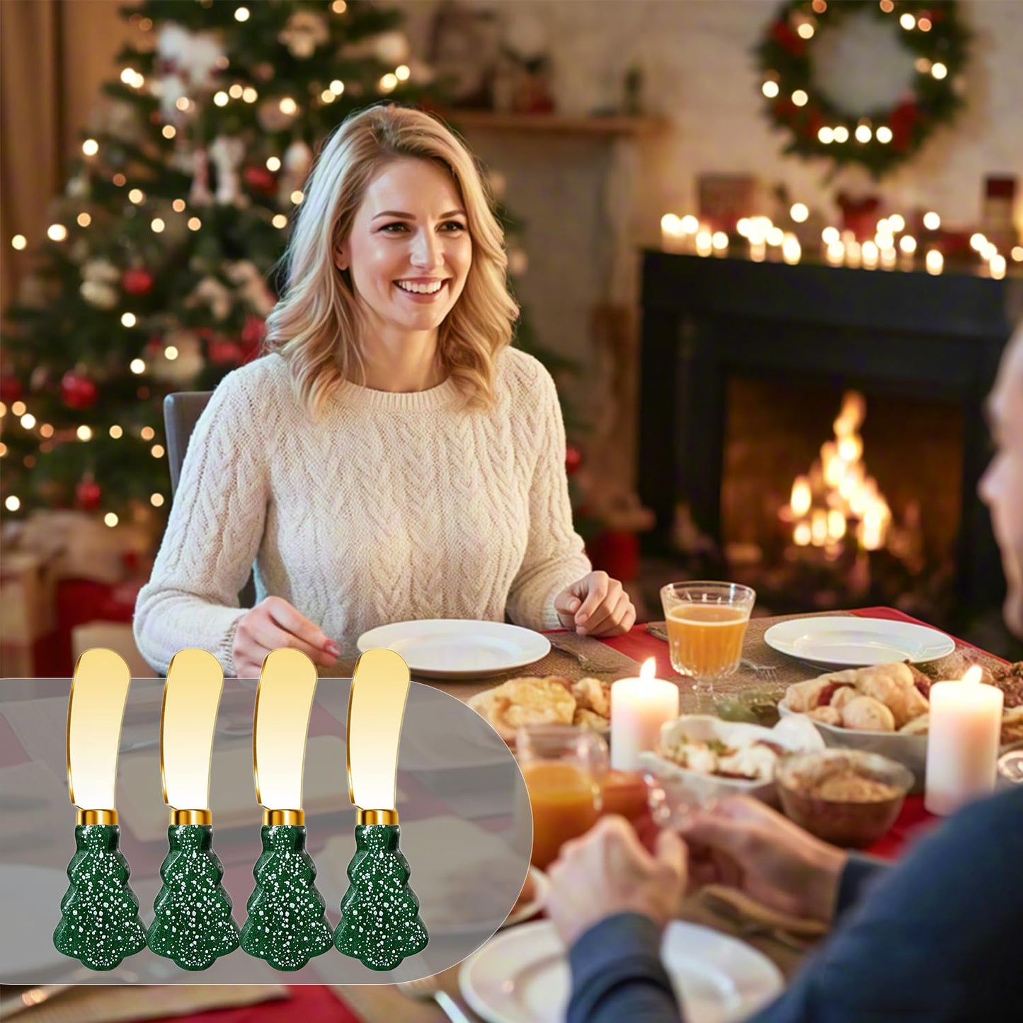 Christmas Tree Spreader Knife Set, Gold Stainless Steel Butter Knives, Holiday Serving Utensils for Cheese Jam, Gift for Home Bakers, 4-Piece