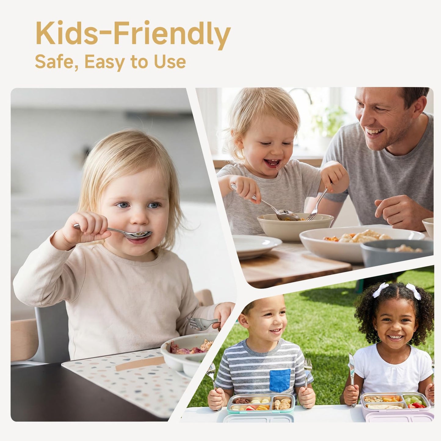 KINGSTONE Kids Silverware Set, 6-Piece Large Forks & Spoons, 18/10 Stainless Steel, Ergonomic Flatware for Self-Feeding Children, Home & Travel, Honey Bear Print