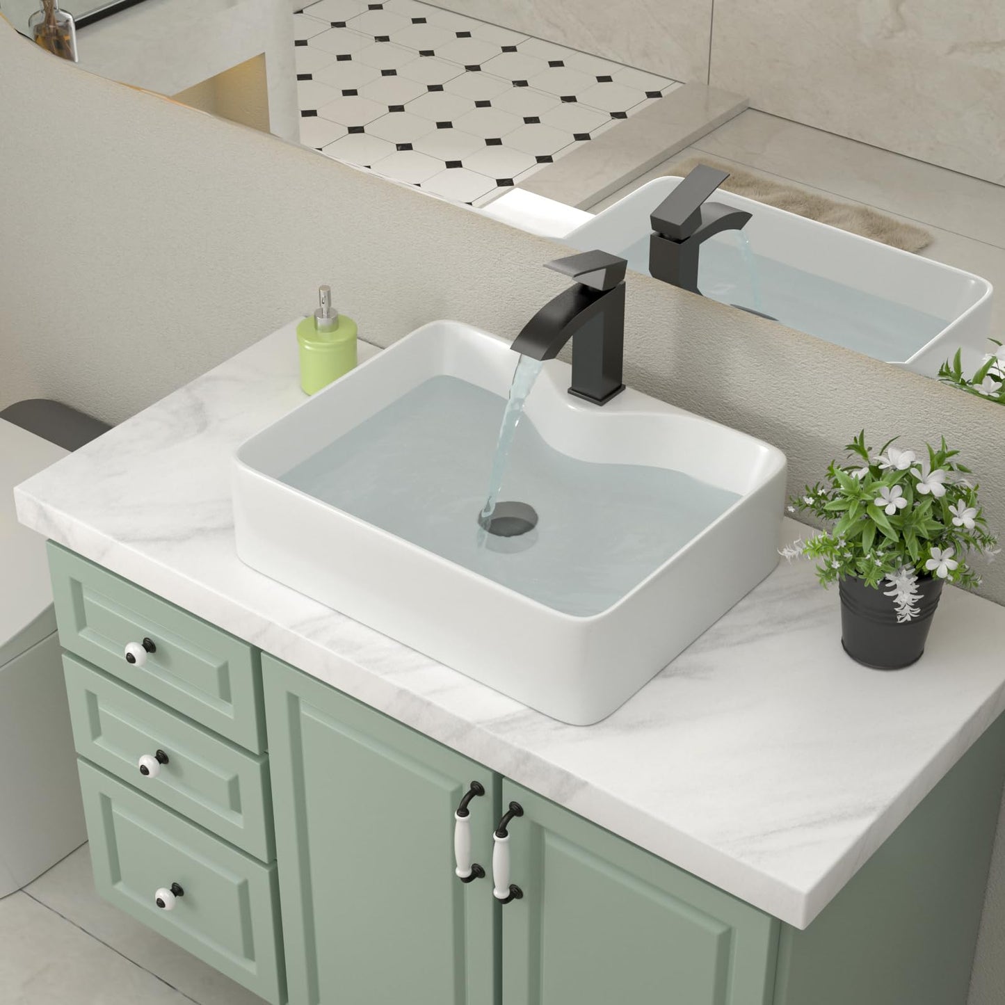 Yurshen 19 Inch Bathroom Sink with Black Faucet- 19"x15" White Ceramic Bathroom Vessel Sink Above Counter Ceramic Sinks Bowl Classic White Glossy Porcelain Sinks