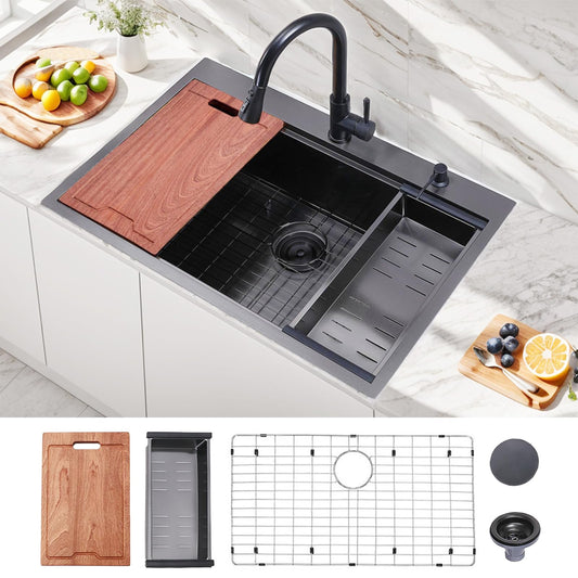 33x22 Inch Black Drop In Kitchen Sink - VAPSINT 33 Inch Top Mount Single Bowl 9 Inch Deep Handmade Workstation Sink in Gunmetal Stainless Steel with Cutting Board & Strainer