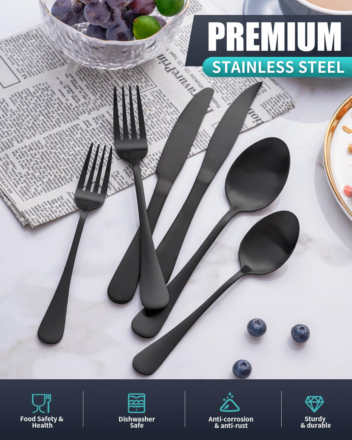 Joincook 36-Pieces Matte Black Silverware Set with Steak Knives,Stainless Steel Flatware Set for 6,Modern Cutlery Utensils Set,Spoons and Forks Set for Restaurant,Dishwasher Safe