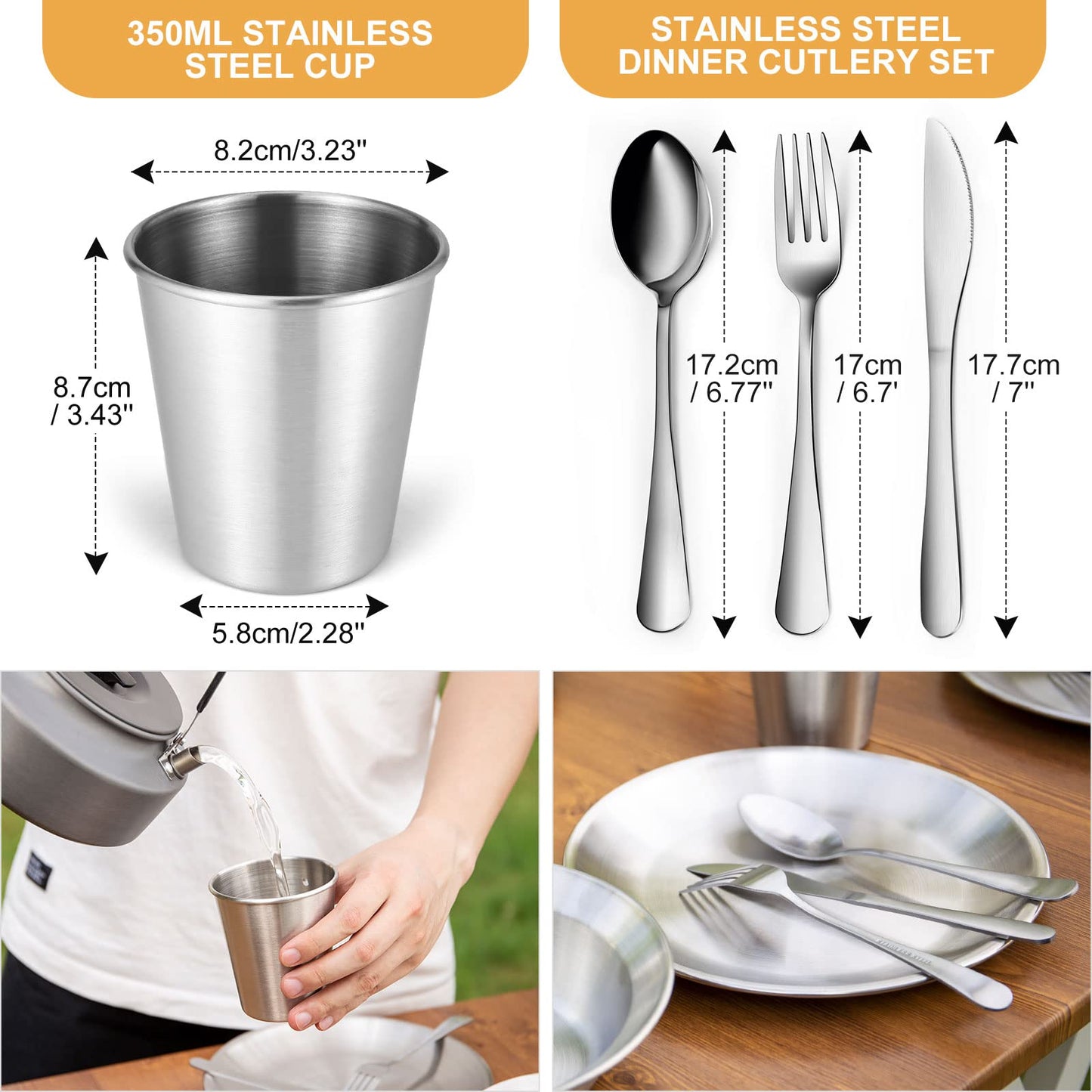 Odoland Stainless Steel Camping Mess Kit for Family & 1 Person, Cooking Tableware Utensils with Plates Bowls Forks Spoons Knives & Savings Bag for Camping, Backpacking, Hiking, Picnic, 1 Person Set