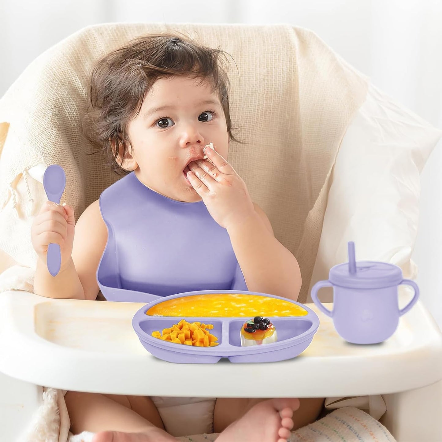 Dormlony 100% Silicone Baby Feeding Set,BPA Free Baby Dishes Set with Suction Bowl Divided Plate,Toddler Self Feeding Dish Set with Spoons Forks Sippy Cup and Bib, Baby Eating Utensils(Purple)