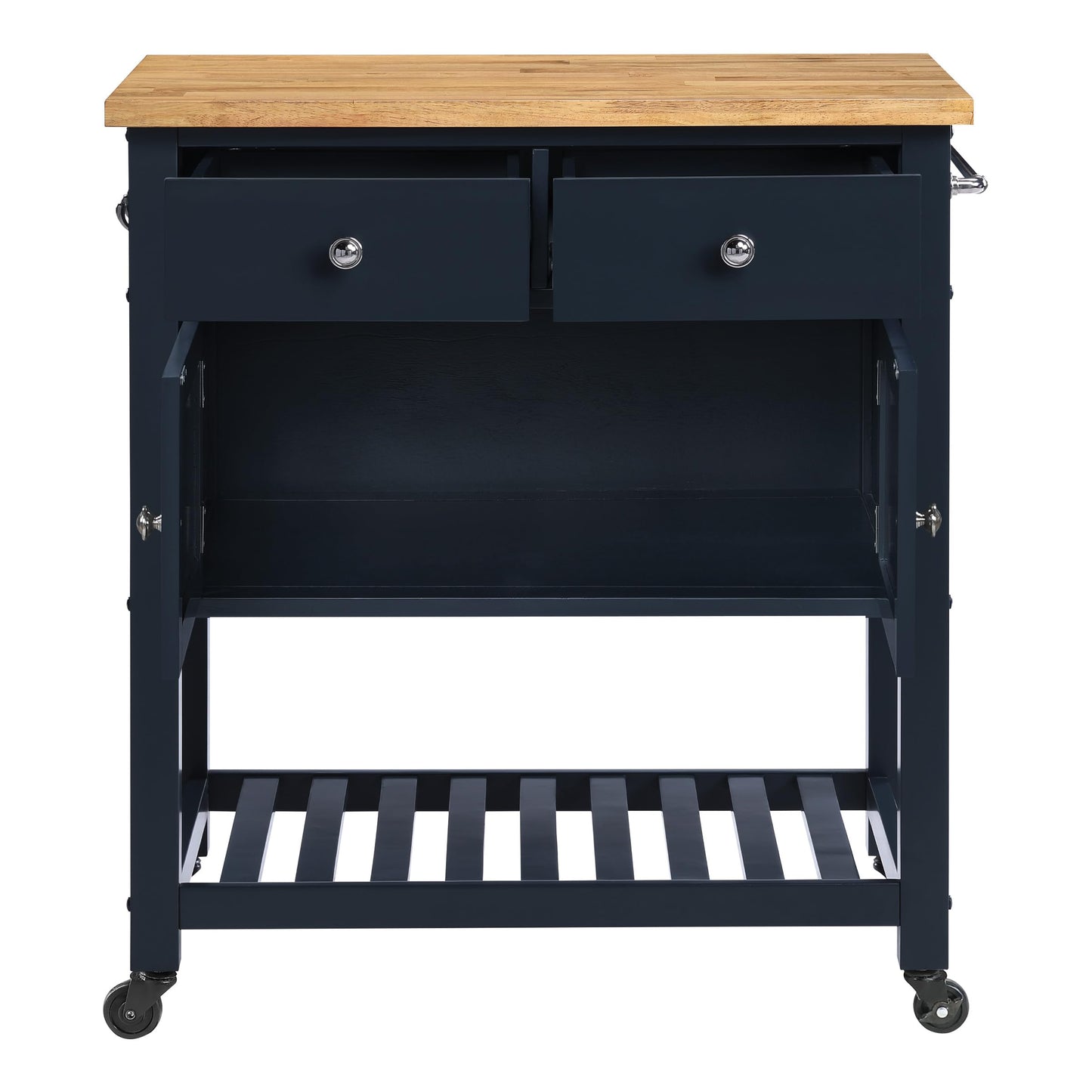 OSP Home Furnishings Stirling Farmhouse Kitchen Cart, Rolling Storage Cabinet with Drawers, Shelf, 5 Utility Hooks, Dark Blue with Natural Wood Top