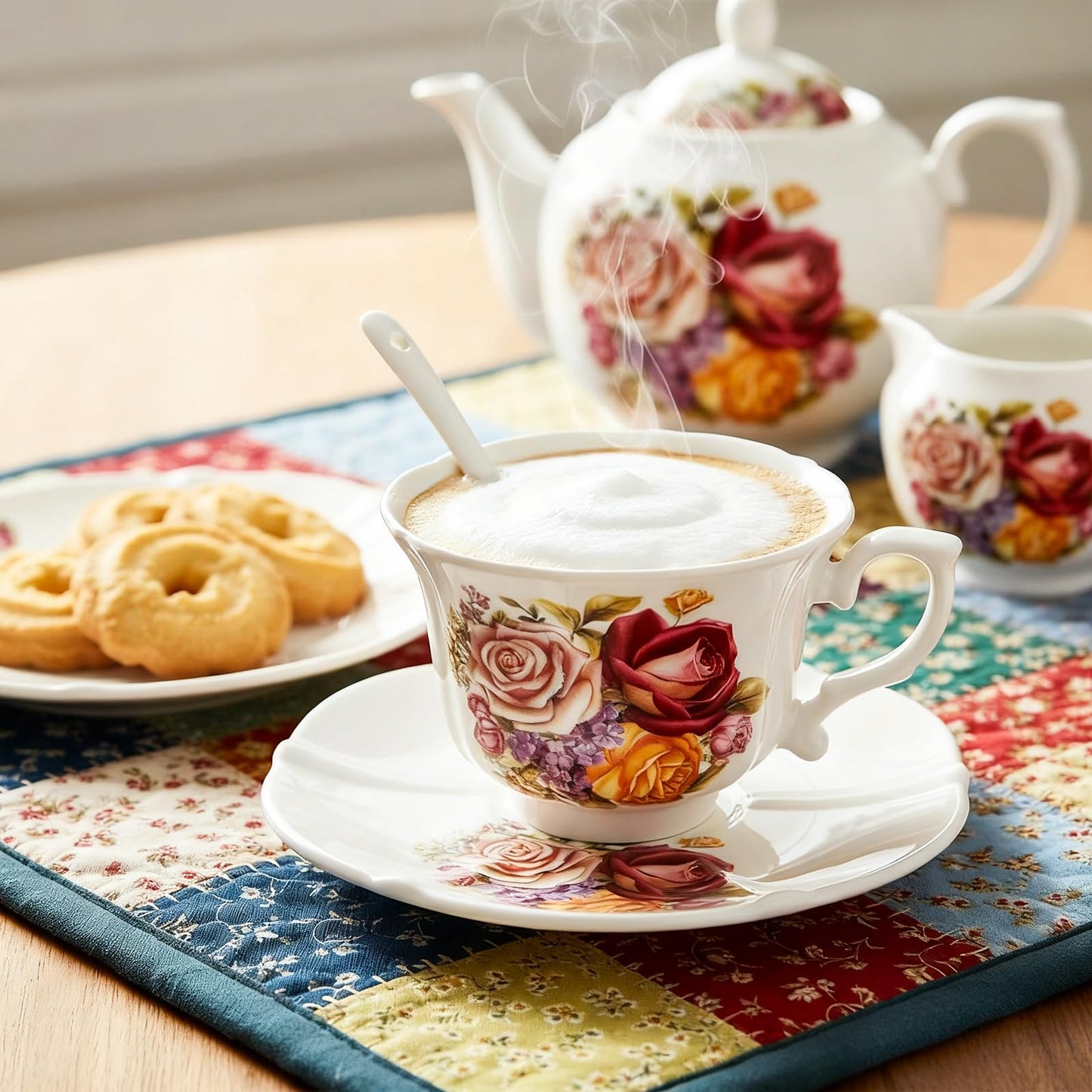 Pumtus Tea Cups and Saucers Set of 6, 8 OZ Vintage Ceramic Teacups with Spoon, Floral Rose British Coffee Mug, Elegant Bone China Cup Gift Set for Cappuccino, Espresso, Latte, Afternoon Tea Party