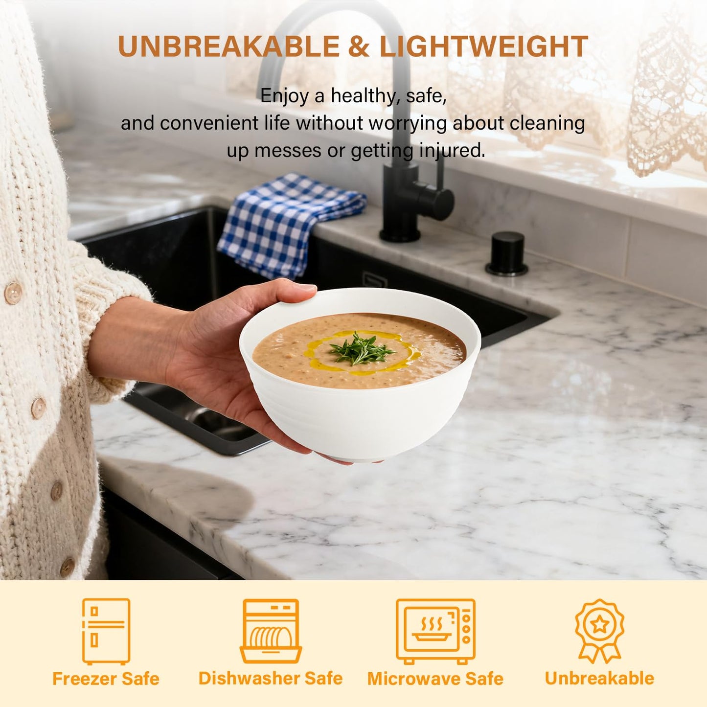 Homienly Wheat Straw Cereal Bowls Plastic Bowls Alternatives 26 OZ Unbreakable Soup Bowls for Kitchen, Outdoor, RV Microwave and Dishwasher Safe Bowl Set of 6, Reusable (White)