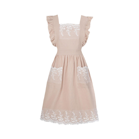 Aoomzoon Vintage Aprons for Woman with Pockets Cute Lace Ruffle Adjustable Apron for Cooking Kitchen Baking Gardening (Beige)