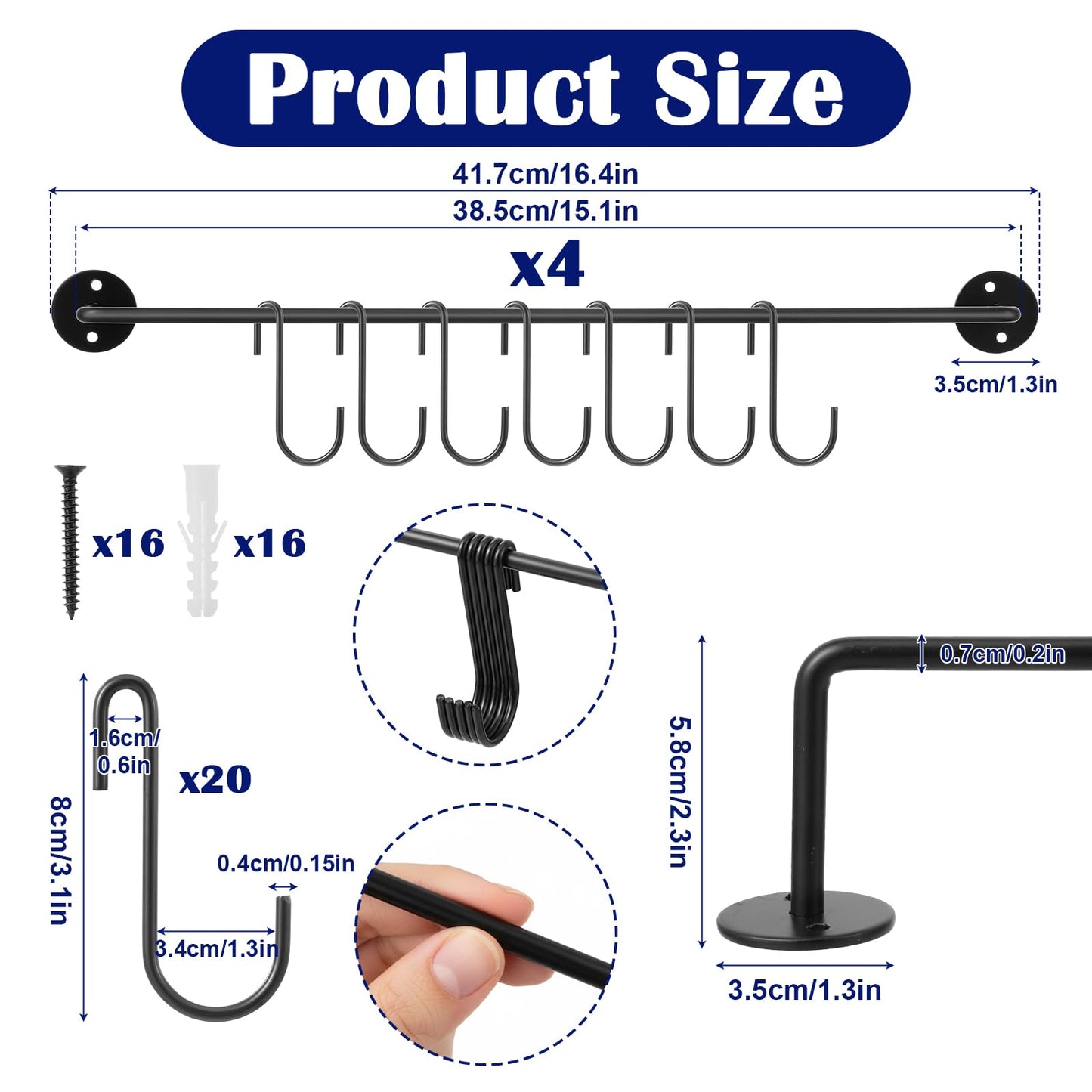 Tolare 4 Pcs Black Iron Kitchen Utensil Rack Wall Mounted Organizer with 20 Hooks, Heavy Duty Kitchen Rail with Hooks for Pots Pans Lids Storage, Space Saving Wall Hanger Holder for Organization