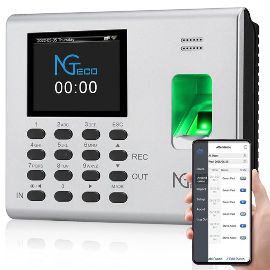 NGTeco APP-Based Time Clock for Employees Small Business, Automatic Fingerprint Clock in and Out Machine with 2000mAh Battery, 2.4GHz WiFi, iOS&Android, No Monthly Fee