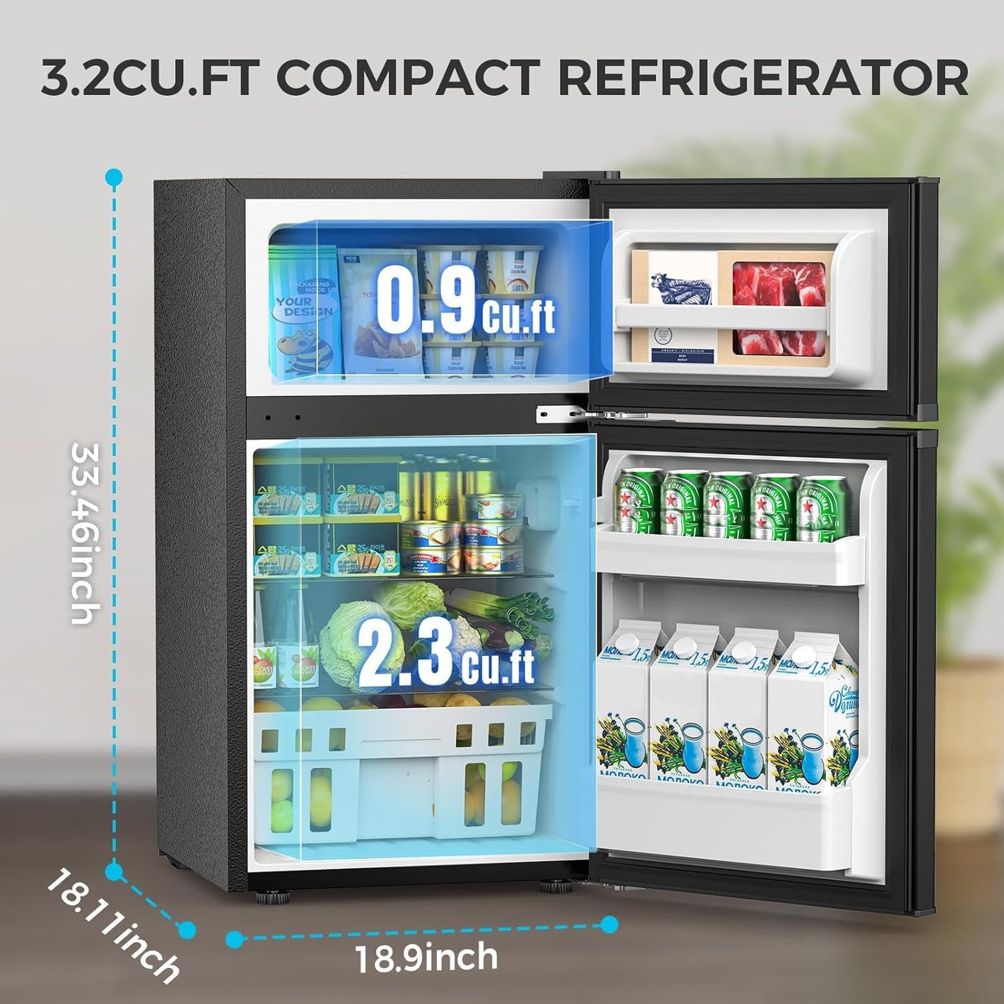 COWSAR 3.2 Cu.Ft Fridge with Freezer, Double Door Compact Fridge for Bedroom, Adjustable Thermostat, Energy-efficient Low Noise Small Refrigerator For Dorm, Office, Bar, RV, Bedroom,Commercial