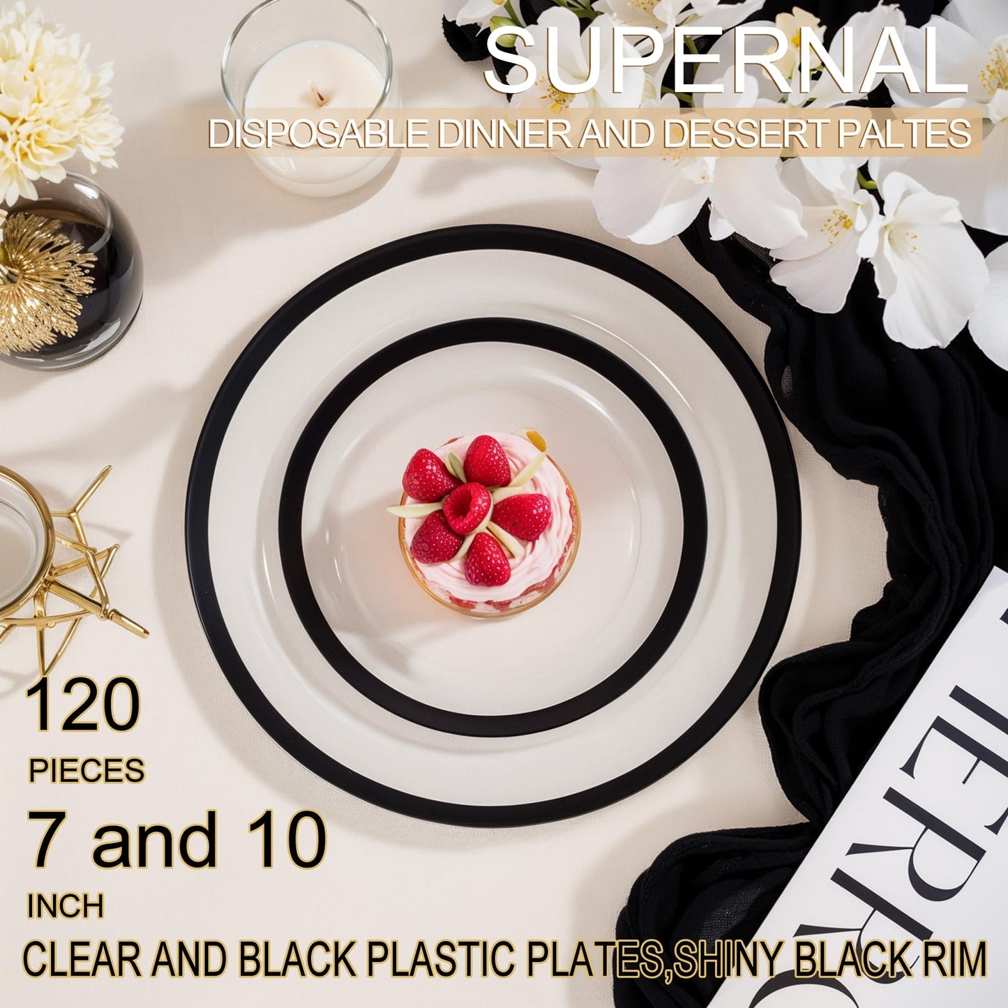 supernal 120PCS Black Rimmed Clear Plastic Plates, Heavy Duty Disposable Dinnerware Set - 60 Dinner & 60 Dessert Plates for 2026 Graduation Party, Black and White Wedding Reception & Elegant Catering