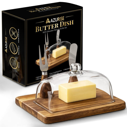 Luxury Butter Dish with Lid and Knife – Modern Glass Butter Dish with Lid for Countertop – Wood Butter Tray & Butter Holder – Large Dish with Lid for 4oz to 8oz Sticks, Cream Cheese, & Fruit