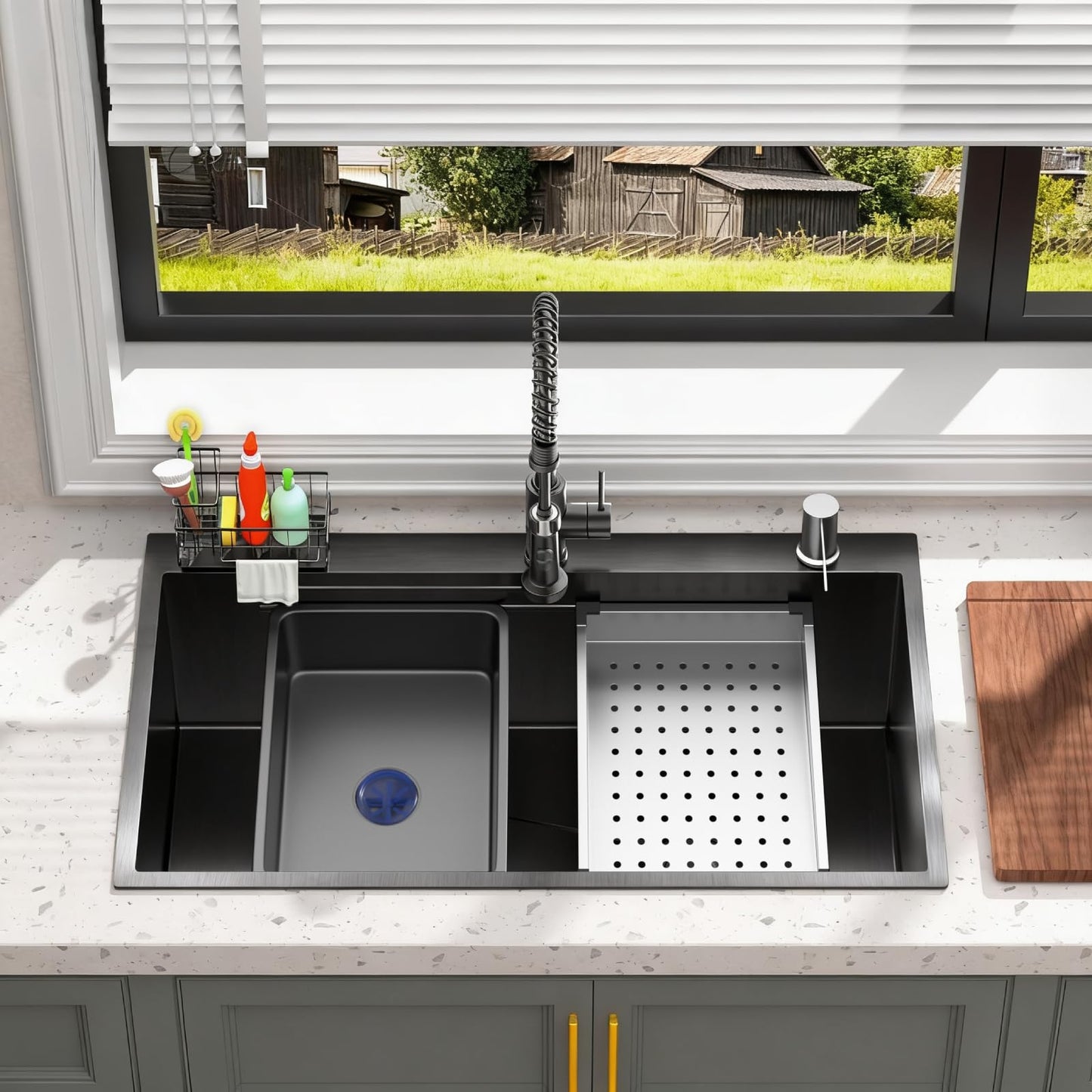 Stainless Steel Kitchen Sink with Faucet: 30-Inch Drop In Single Bowl Farmhouse Workstation Sink - Noise Reducing Design & Accessories Included (Black, 3018)