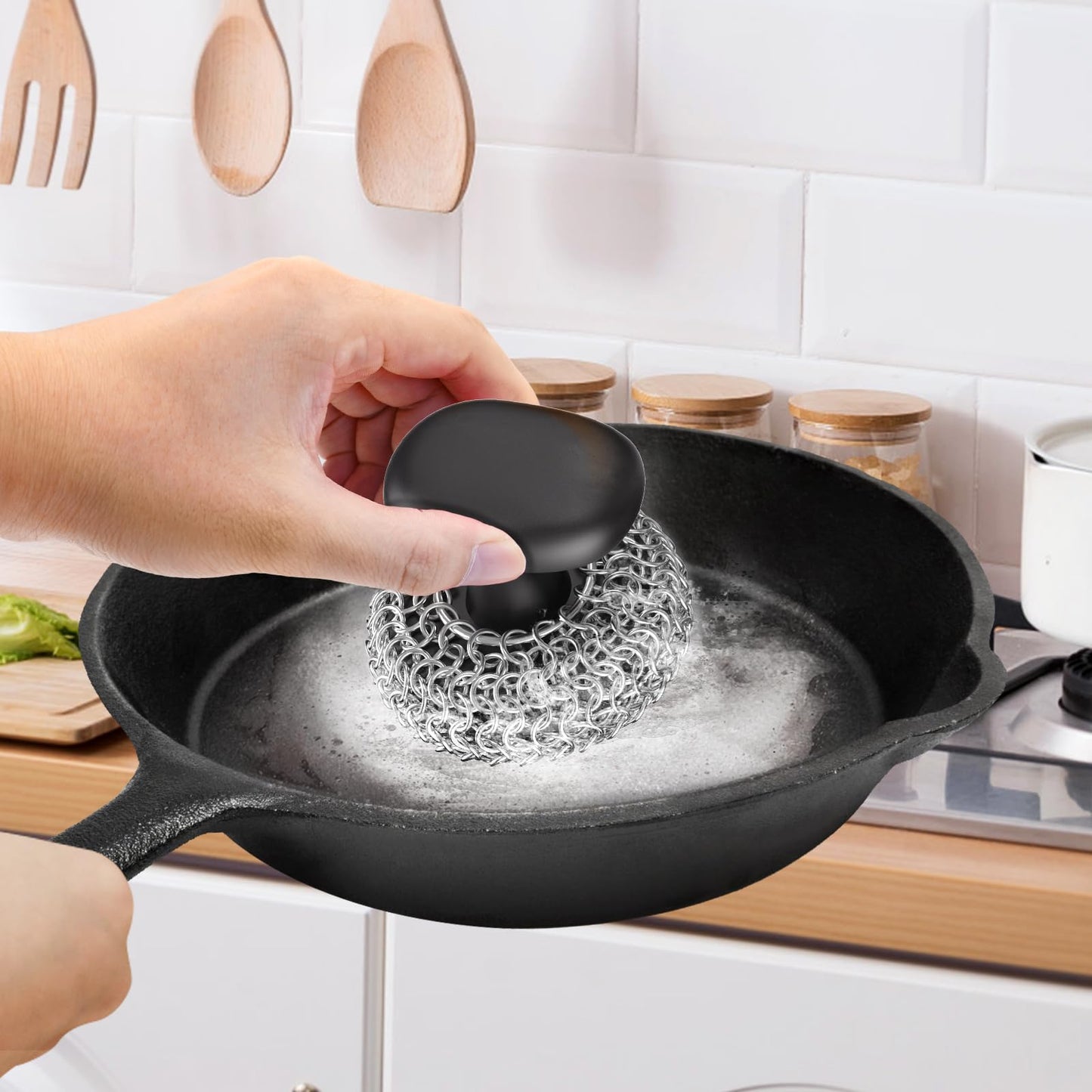 Purgreat Cast Iron Scrubber | Dish Scrub Brush | 316 Cleaner Chainmail Scrubber for Cast Iron Pan Skillet Cleaner - Dish Scouring Pad Dishwasher Safe Cleaning Kit, Black 02