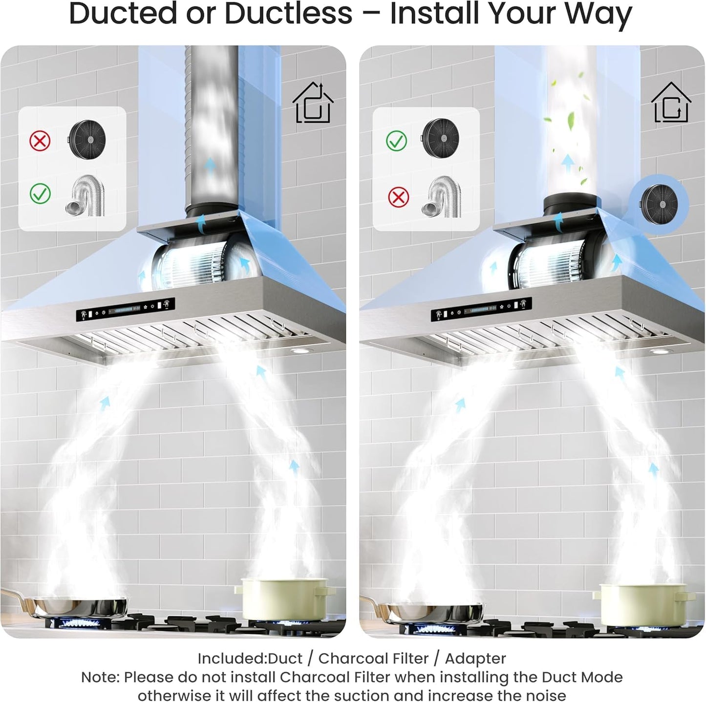 IKTCH 36-Inch Wall Mount Range Hood, Stainless Steel 900 CFM Kitchen Vent Hood, Ducted/Ductless Convertible, Gesture Sensing & Touch Control, Adjustable LED Lights 2 Pcs for Modern Kitchen