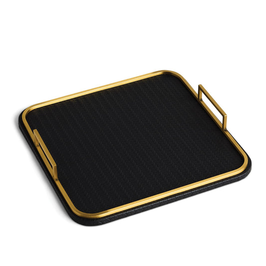 Preston Lane Mayfair Decorative Tray – Vegan Leather with Woven Texture, Brushed Brass Handles – Serving, Dresser & Coffee Table Tray, Ink 12.8 x 12.8 x 1
