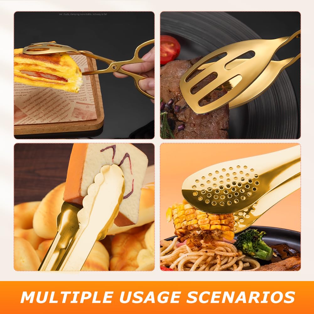 Serving Tongs,Stainless Steel Buffet Tongs, Kitchen Tongs Serving Utensils for Salad Buffet Appetizer Dessert Food Parties Wedding Party Catering, 3 Different Type Food Tongs(Gold)