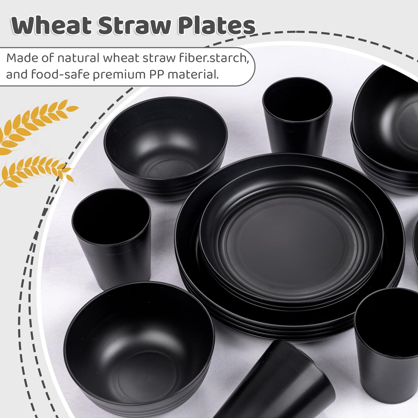 LIYH Black Plastic Wheat Straw Dinnerware Sets Unbreakable Dinner Plates for 4 Black Plates and Bowls Set Include Wheat Straw Plate Bowls Cups Dish Set for Kitchen&Camping