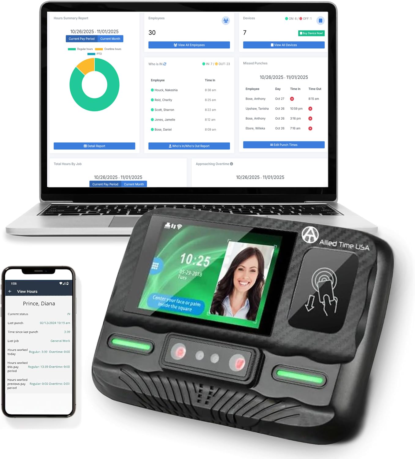 Badge + Face + Palm scan time Clock with Online Reporting (Model #CB4100)