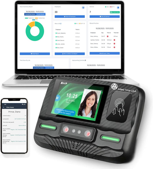 Badge + Face + Palm scan time Clock with Online Reporting (Model #CB4100)