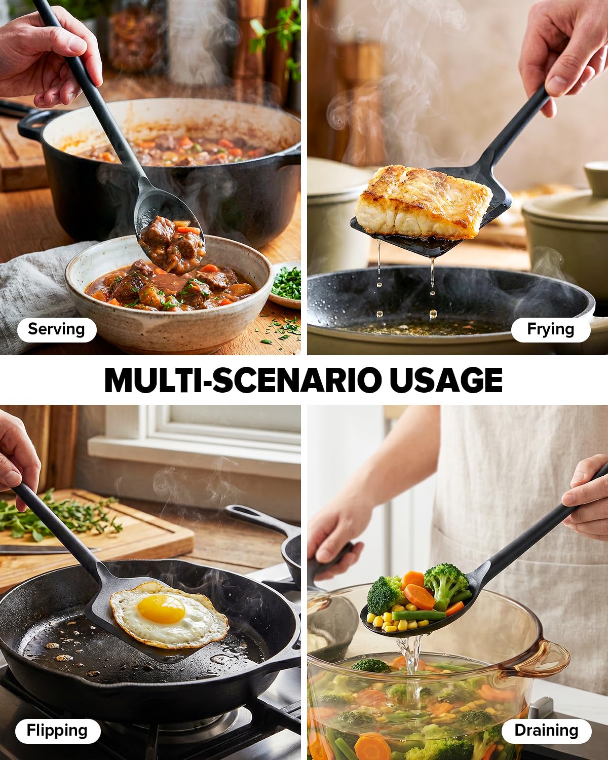 Silicone Cooking Utensils Set, Heat Resistant Non-Stick Long Handle Silicone Spatulas Turner & Spoons Set, BPA-Free Solid & Slotted Kitchen Tools for Frying, Stirring & Serving (4 Pack) (BLACK)