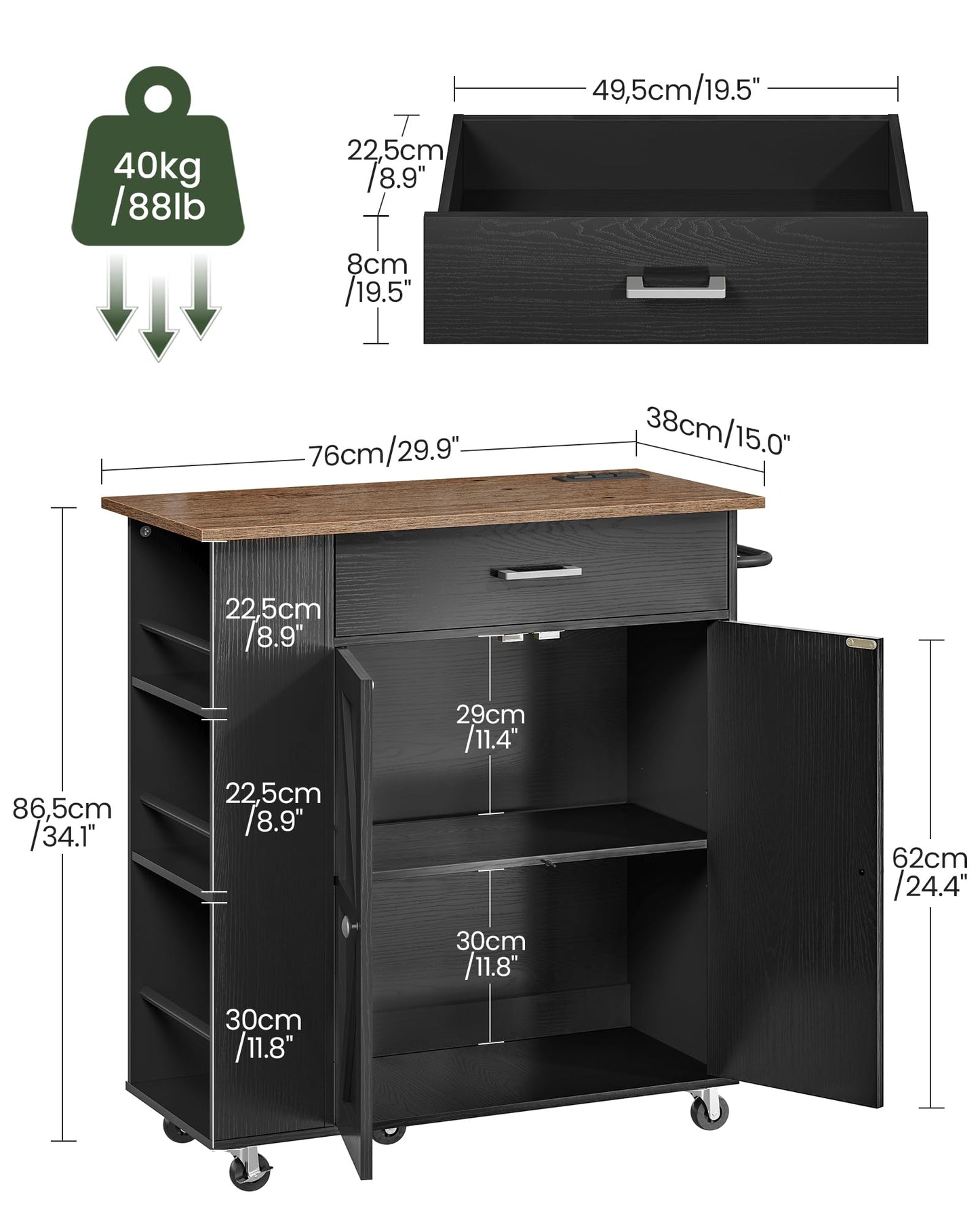 CHOEZON Kitchen Island Cart with Storage, Bar Cart with Charging Station, Kitchen Island on Wheels, Rolling Mobile Table with Cabinet, 3 AC Outlets, Black and Walnut MZD04UBL