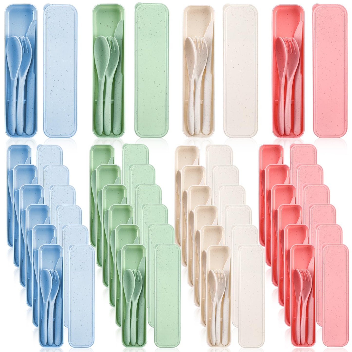 Reusable Utensils Set with Case, 28 Sets Wheat Straw Lunch Utensil Set, Portable Spoon Fork Knife Cutlery for Travel Camping Picnic Office Bento Box, Eco-Friendly BPA Free Tableware