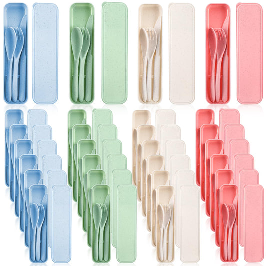 Reusable Utensils Set with Case, 28 Sets Wheat Straw Lunch Utensil Set, Portable Spoon Fork Knife Cutlery for Travel Camping Picnic Office Bento Box, Eco-Friendly BPA Free Tableware