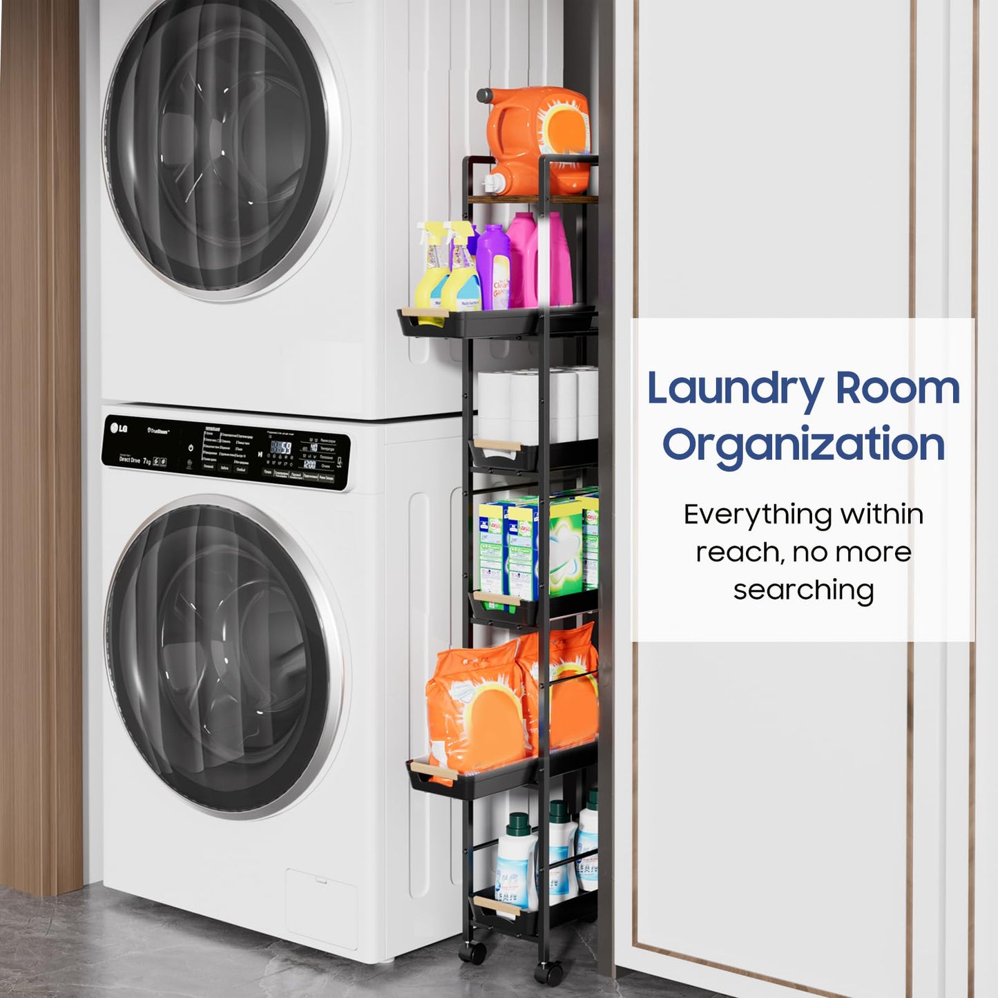 MAYBOSS 6 Tier Slim Storage Cart with Pull-Out Baskets Rolling Cart with Wheels Wood Top Narrow Utility Cart Metal Shelving Units for Pantry Laundry Room Bathroom Kitchen Black 8in(W)